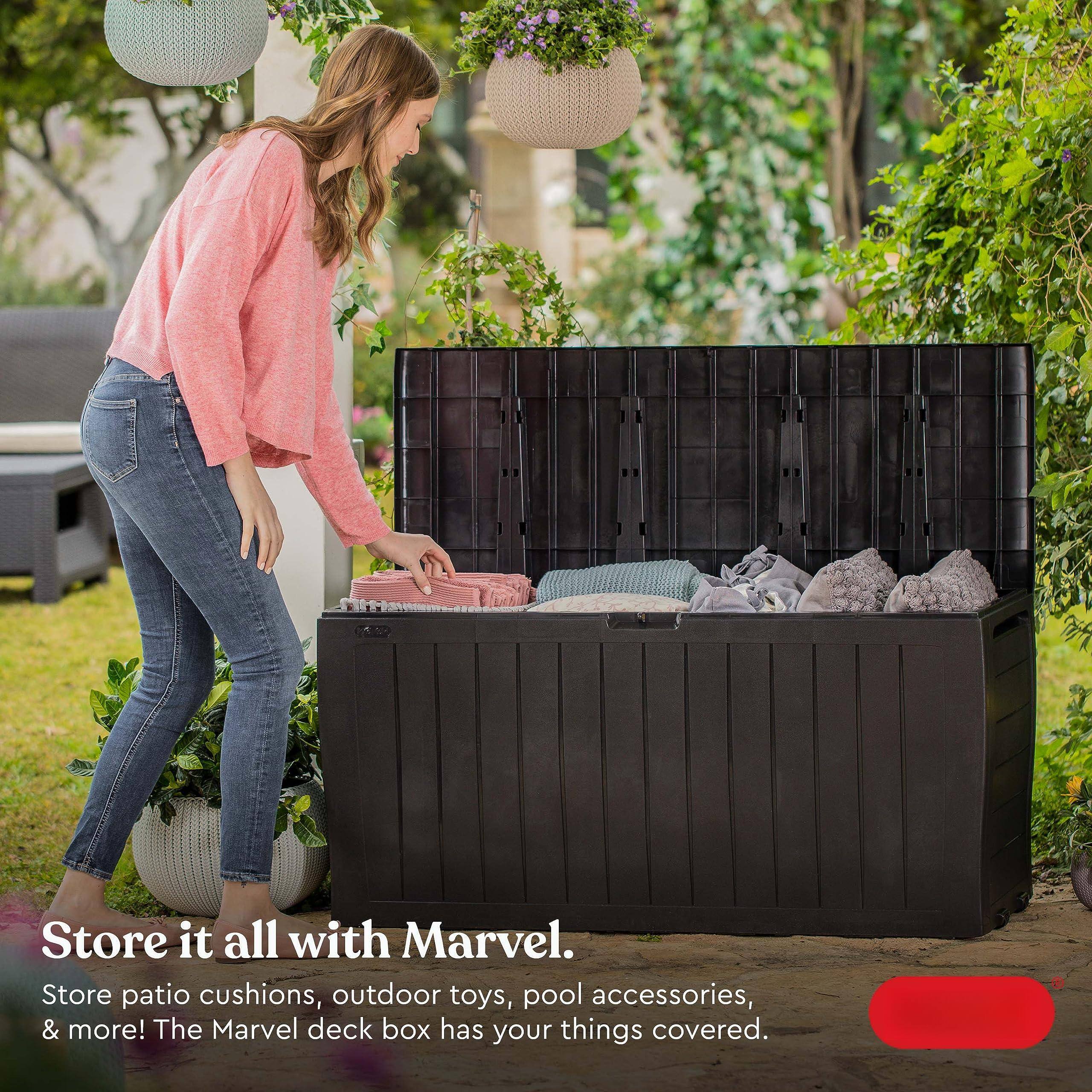 Store it all with Marvel.  
Store patio cushions, outdoor toys, pool accessories, & more! The Marvel deck box has your things covered.
