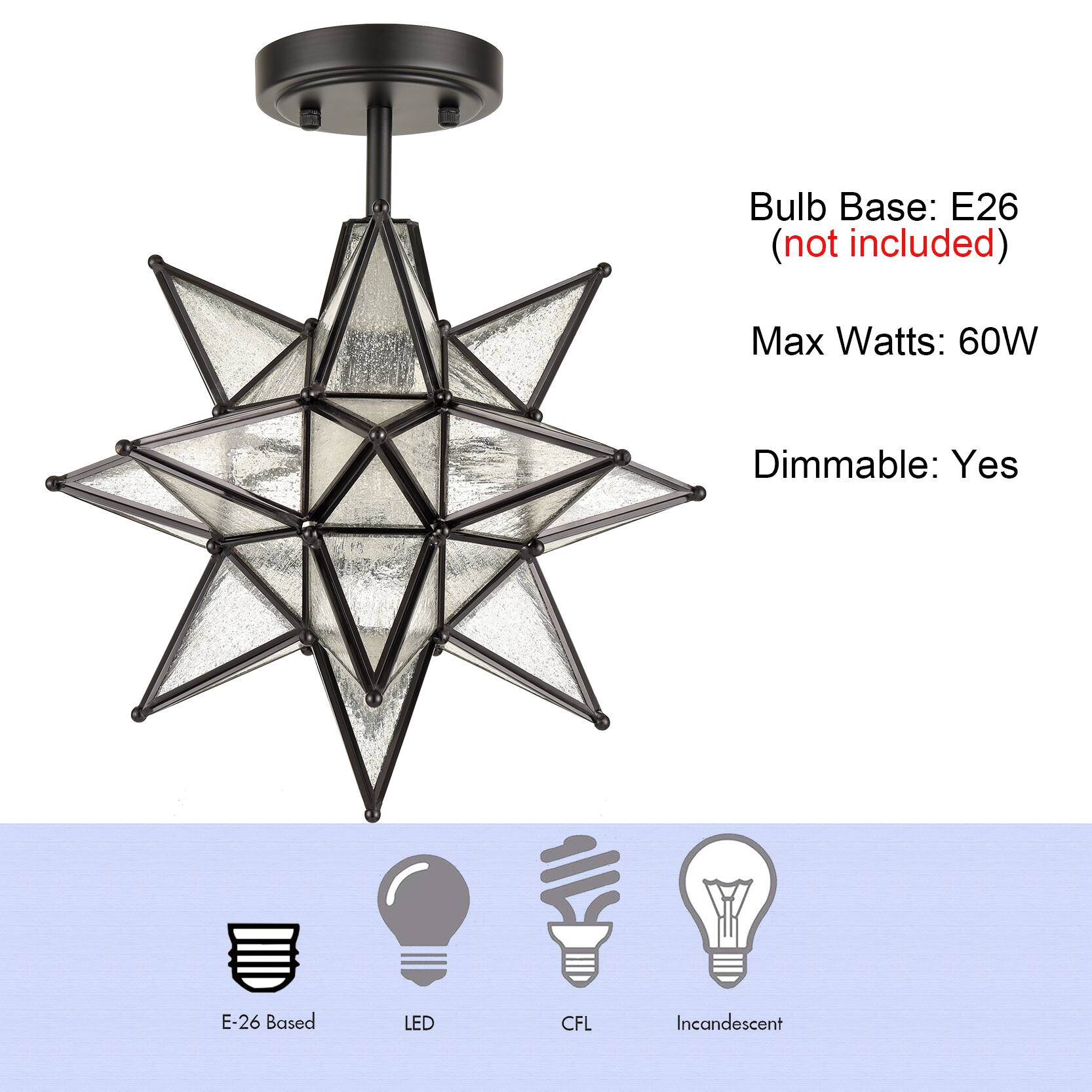 Bulb Base: E26 (not included)  
Max Watts: 60W  
Dimmable: Yes  
E-26 Based  
LED  
CFL  
Incandescent