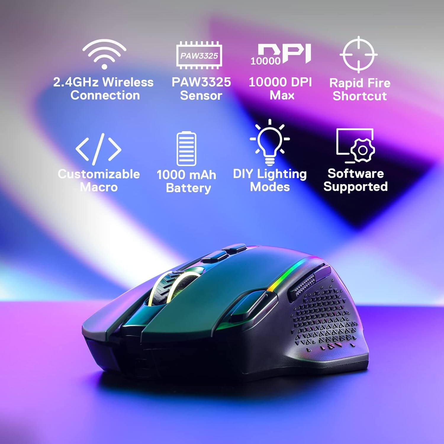 PAW3325 10000 DPI 2.4GHz Wireless PAW3325 10000 DPI Rapid Fire Connection Sensor Max Shortcut  
Customizable 1000 mAh Macro Battery  
DIY Lighting Software Modes Supported