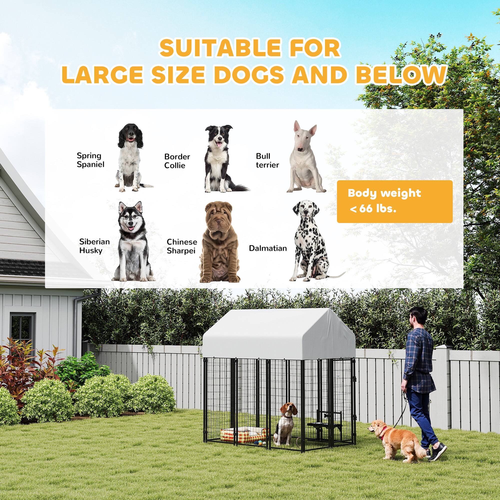 SUITABLE FOR LARGE SIZE DOGS AND BELOW

Body weight < 66 lbs.

- Spring Spaniel
- Border Collie
- Bull Terrier
- Siberian Husky
- Chinese Shar Pei
- Dalmatian