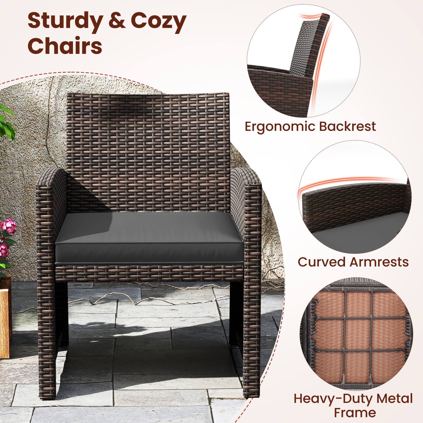 Sturdy & Cozy Chairs  
Ergonomic Backrest  
Curved Armrests  
Heavy-Duty Metal Frame