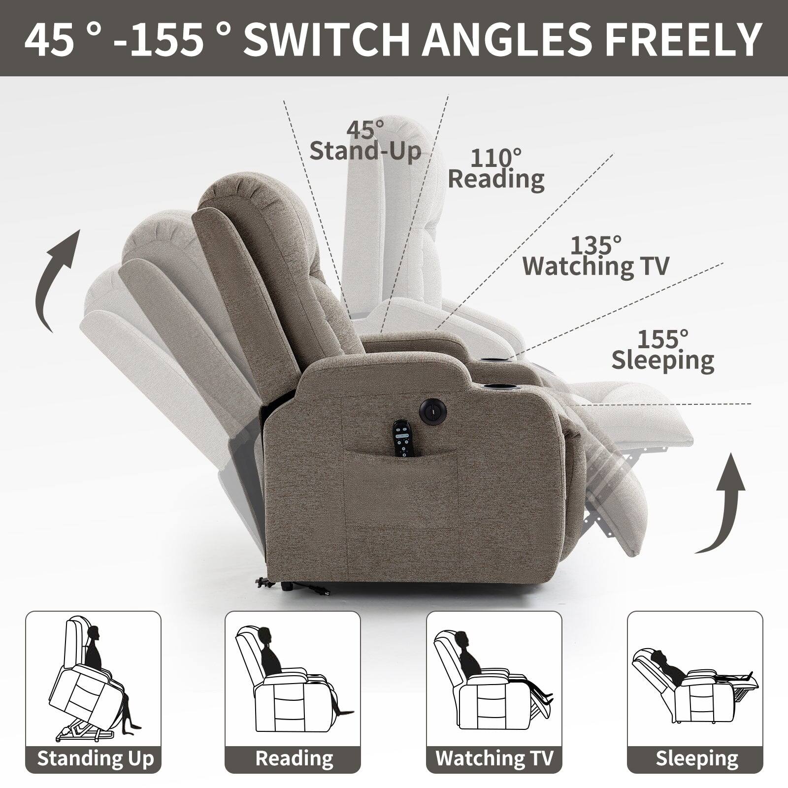 45 -155 SWITCH ANGLES FREELY
45 Stand-Up
110 Reading
135 Watching TV
155 Sleeping
Standing Up
Reading
Watching TV
Sleeping
