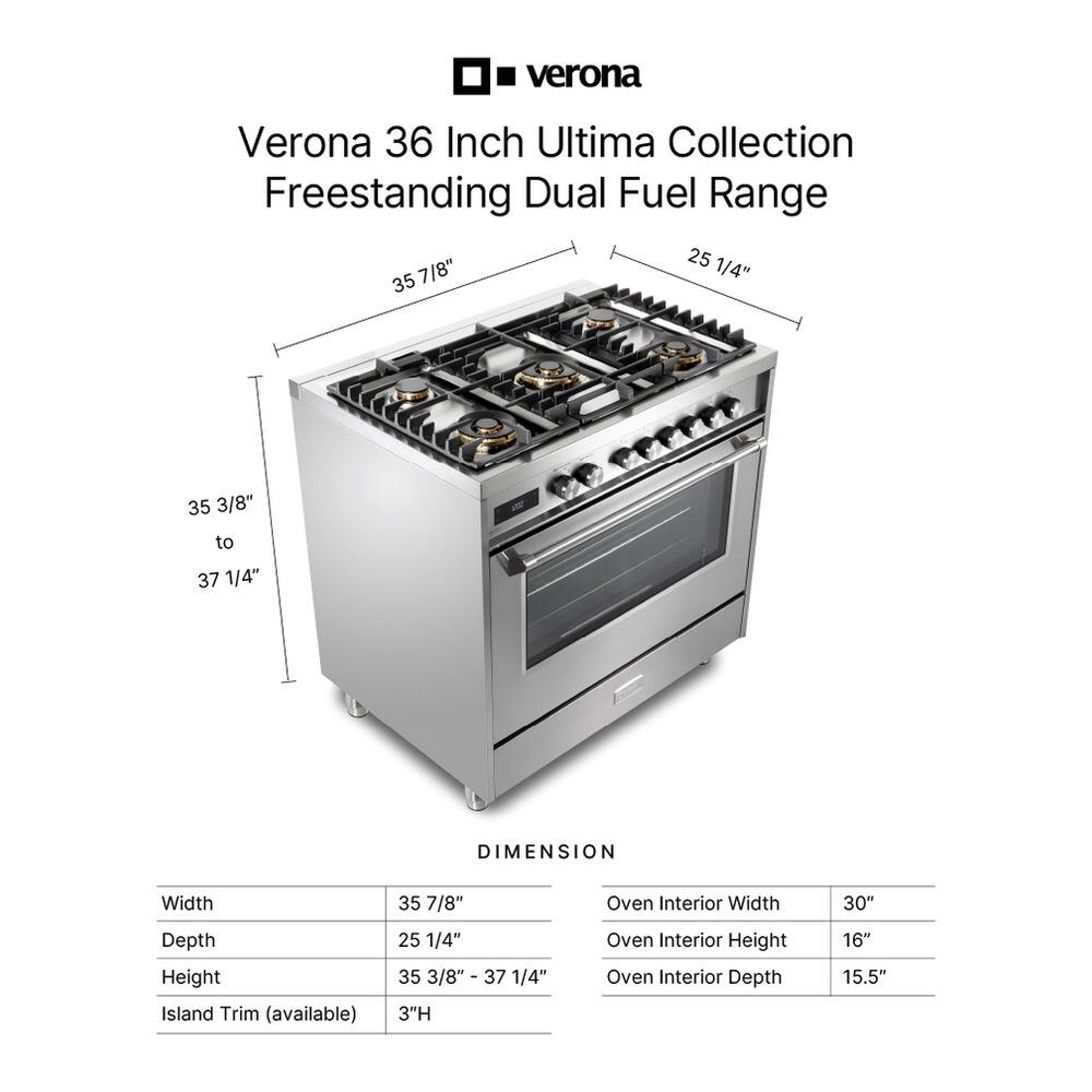 Verona 36 Inch Ultima Collection Freestanding Dual Fuel Range

DIMENSION
- Width: 35 7/8"
- Depth: 25 1/4"
- Height: 35 3/8" - 37 1/4"
- Oven Interior Width: 30"
- Oven Interior Height: 16"
- Oven Interior Depth: 15.5"
- Island Trim (available): 3"H