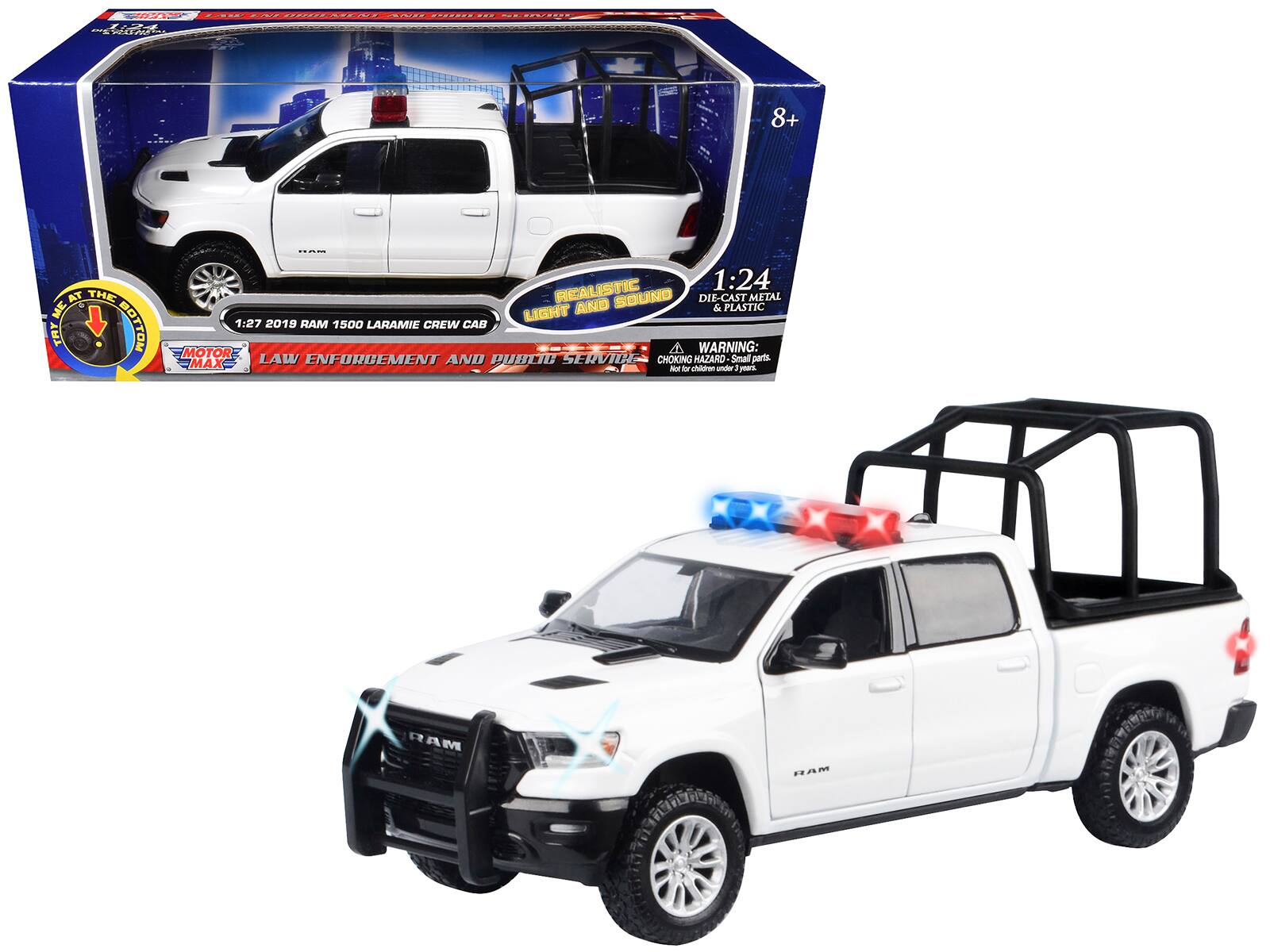 Motormax - 2019 RAM 1500 Laramie Crew Cab White Pickup Bed Cage Lights Sounds Light Bar 1/27 - White with Light Bar