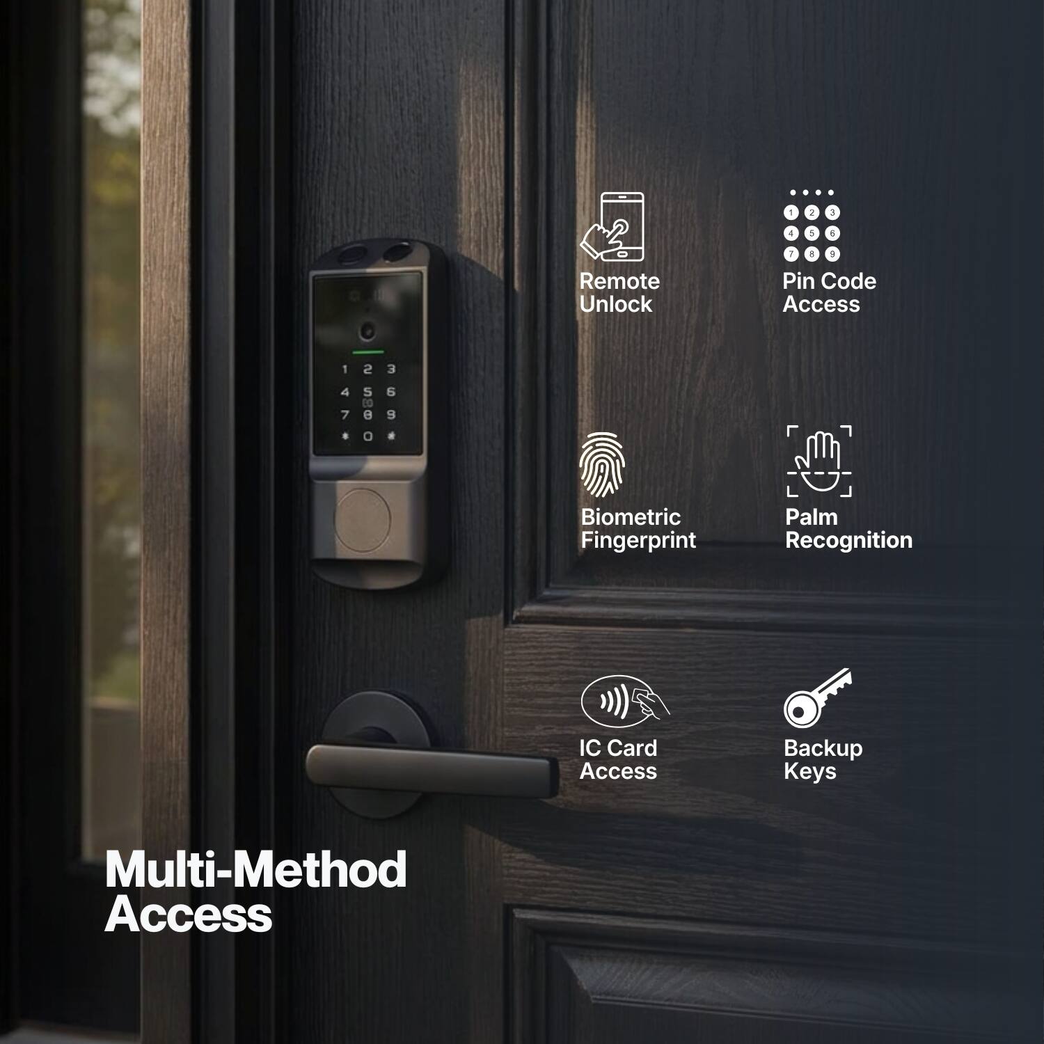 Multi-Method Access

- Remote Unlock
- Pin Code Access
- Biometric Fingerprint
- Palm Recognition
- IC Card Access
- Backup Keys
