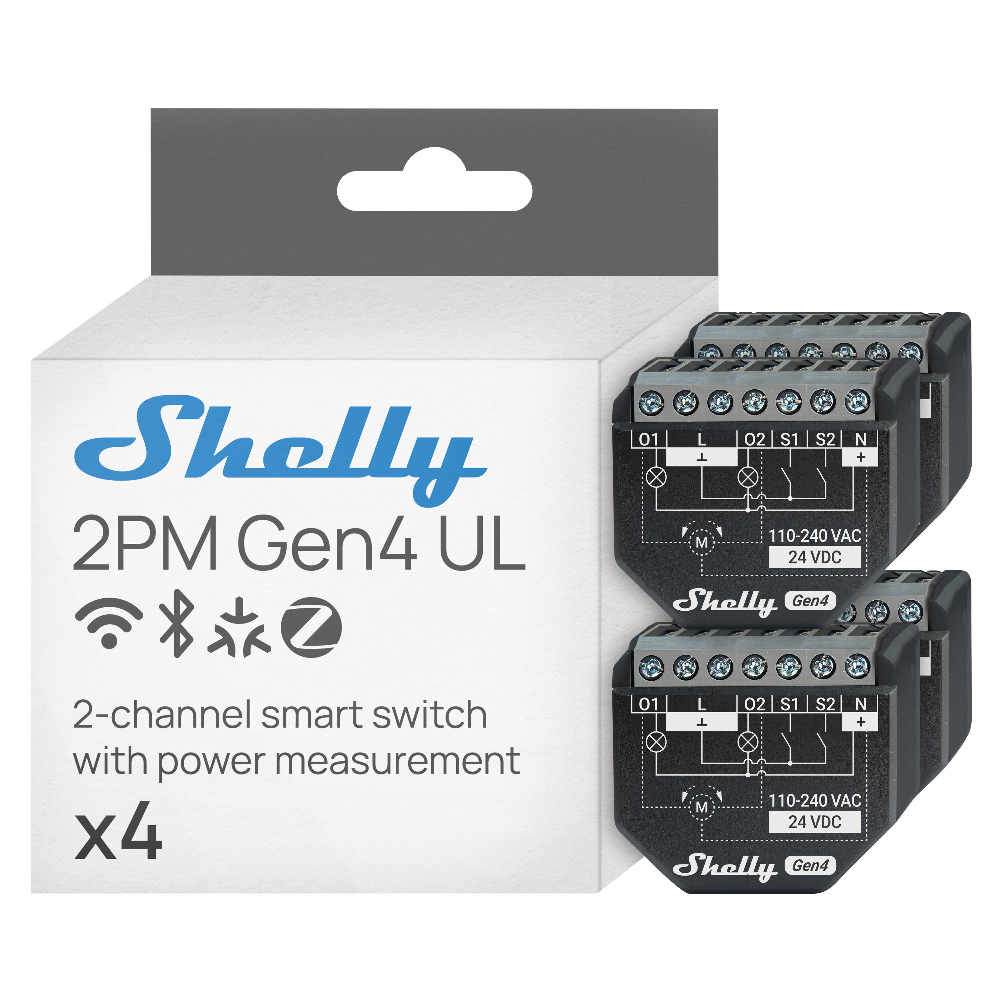 Shelly 2PM Gen4 UL  
2-channel smart switch with power measurement x4  
110-240 VAC 24 VDC