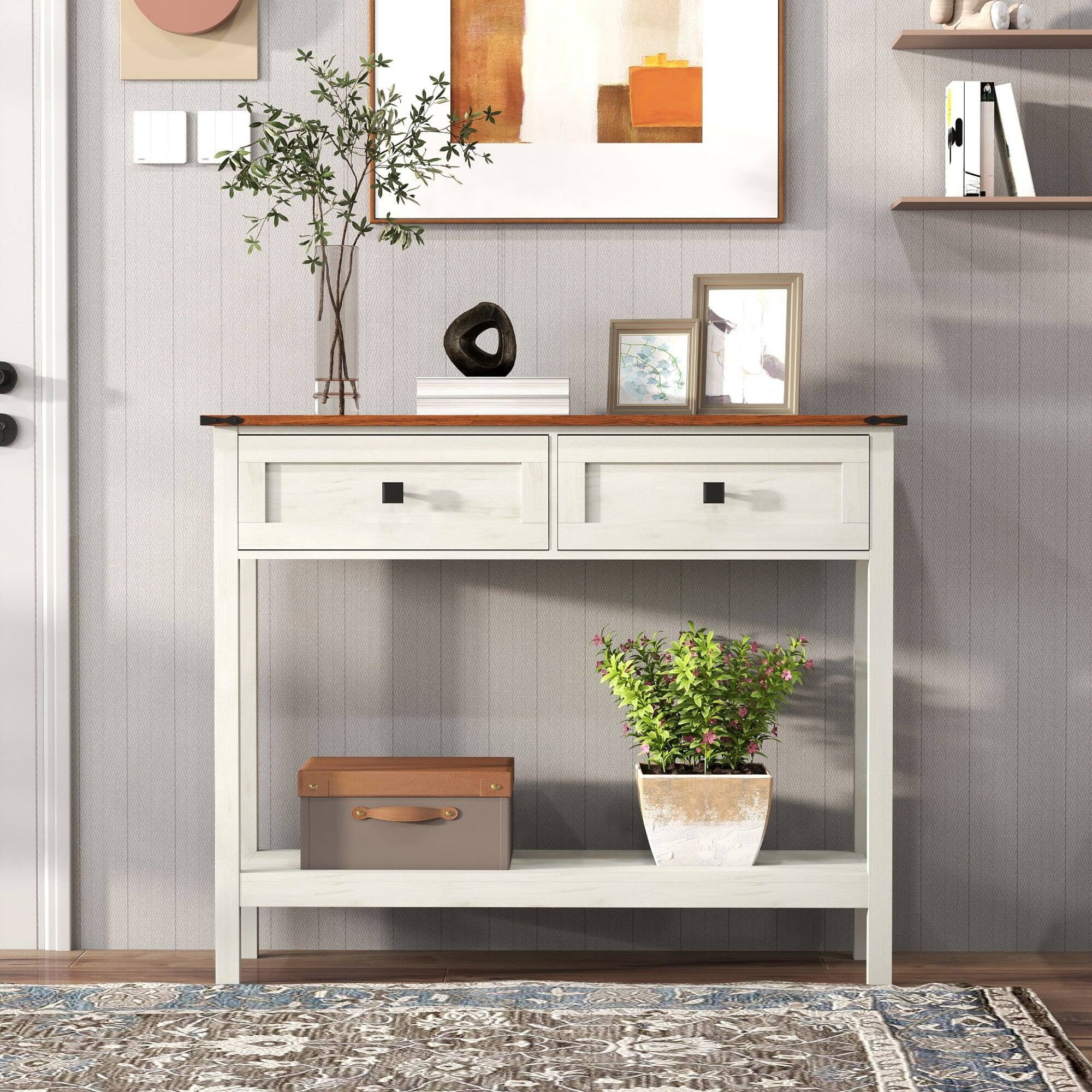 Alt View 6. Boyel Living - 39.37 in Farmhouse Console Table with 2 Drawers and Bottom Shelf Antique White - Antique White.