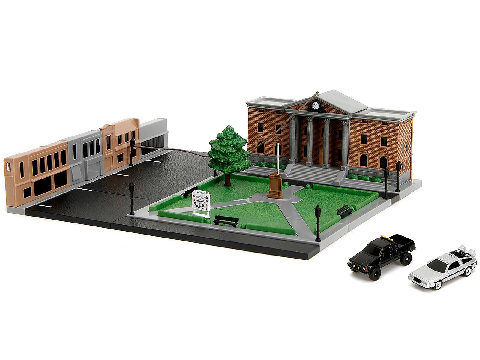 Alt View 1. Jada - Hill Valley Courthouse Diorama with Black Pickup Truck and Delorean "Back to the Future" (1985) Movie Nano Scene by Jada - Multicolor.
