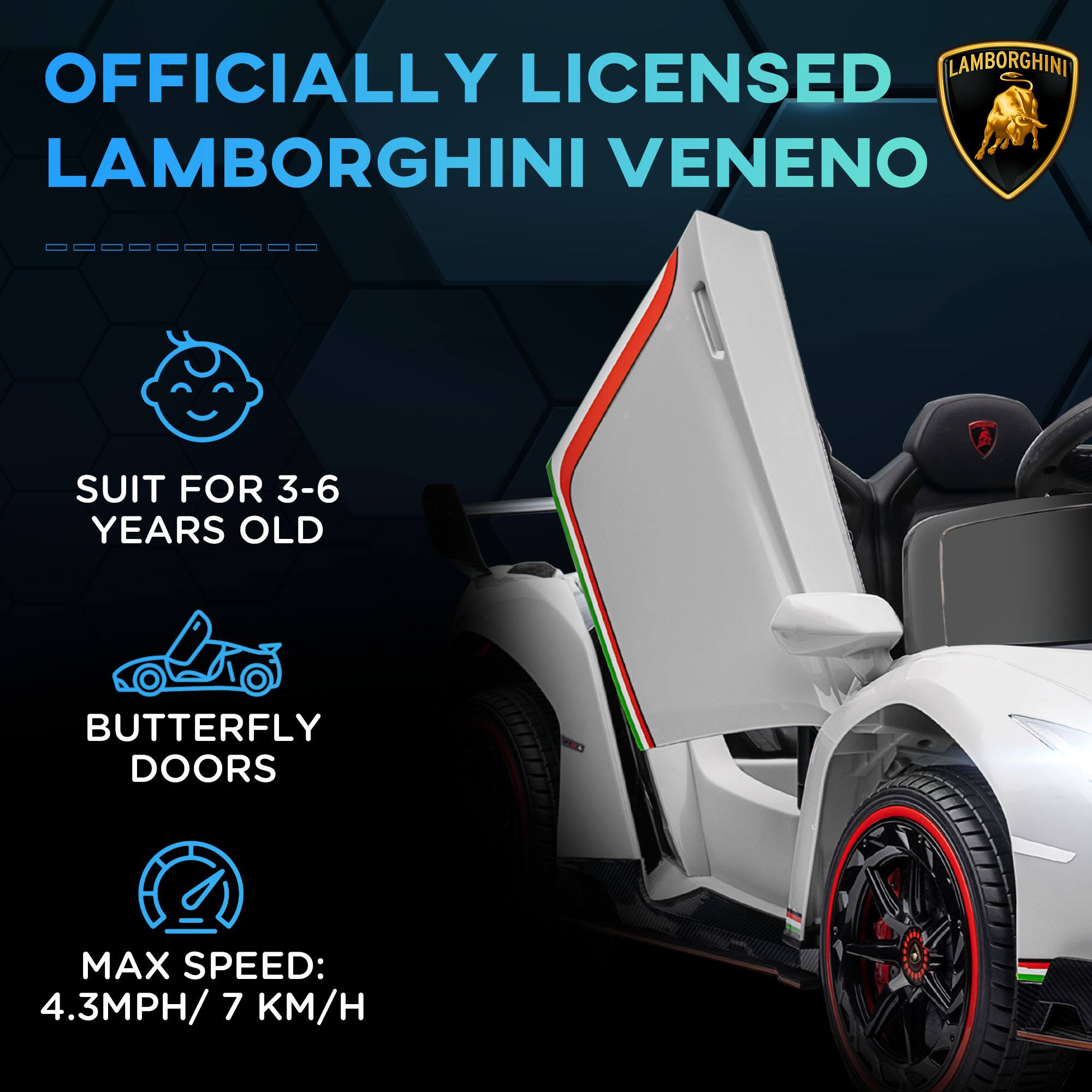 OFFICIALLY LICENSED LAMBORGHINI VENENO

- SUIT FOR 3-6 YEARS OLD
- BUTTERFLY DOORS
- MAX SPEED: 4.3MPH / 7 KM/H