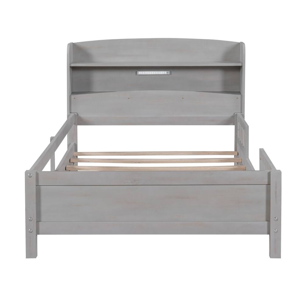 Alt View 6. Loheer - Loheer Twin Platform Bed with LED Light Storage Headboard Antique Grey Wood Frame - Antique Grey.
