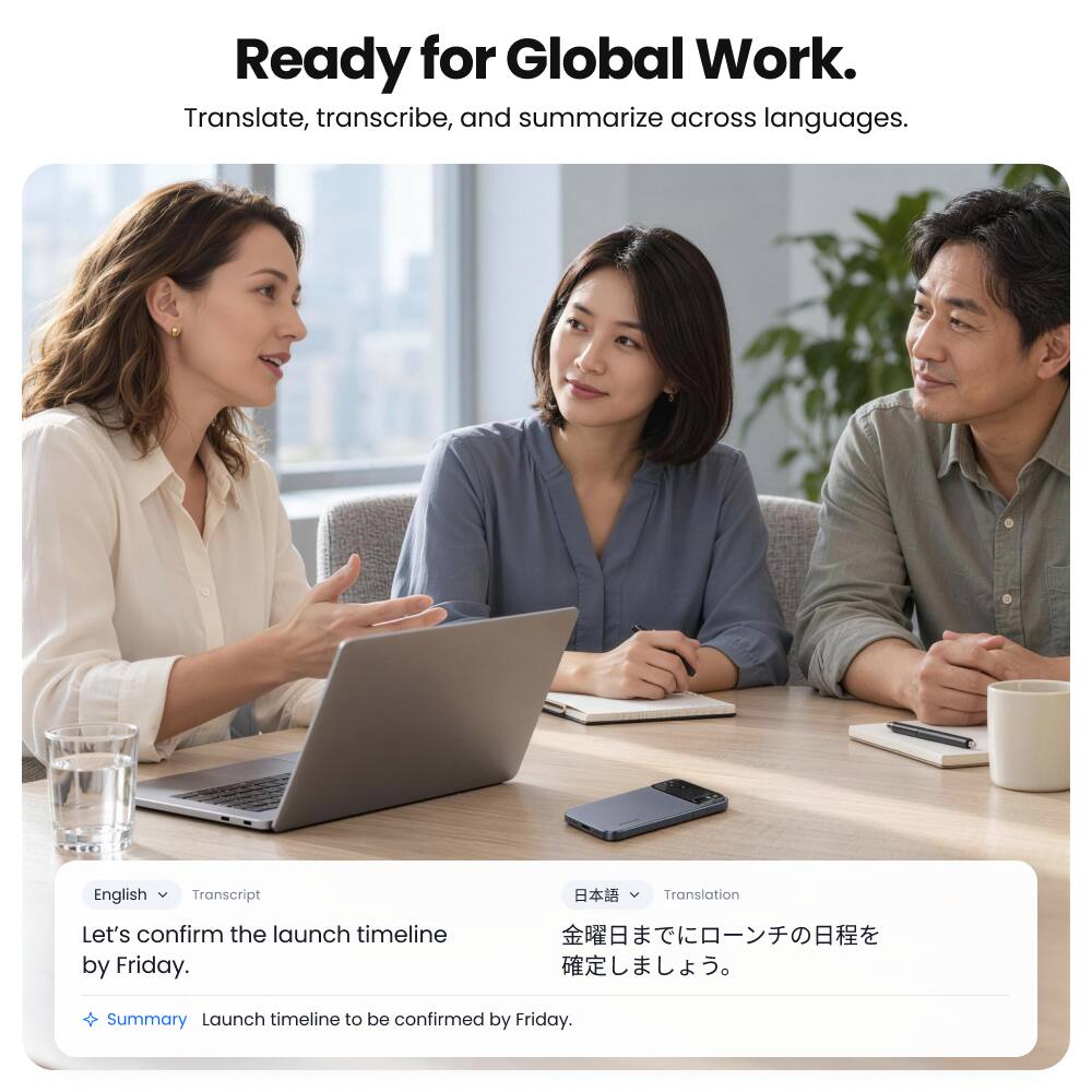 Ready for Global Work.  
Translate, transcribe, and summarize across languages.  

English Transcript  
Translation  
Let's confirm the launch timeline by Friday.  

Summary  
Launch timeline to be confirmed by Friday.