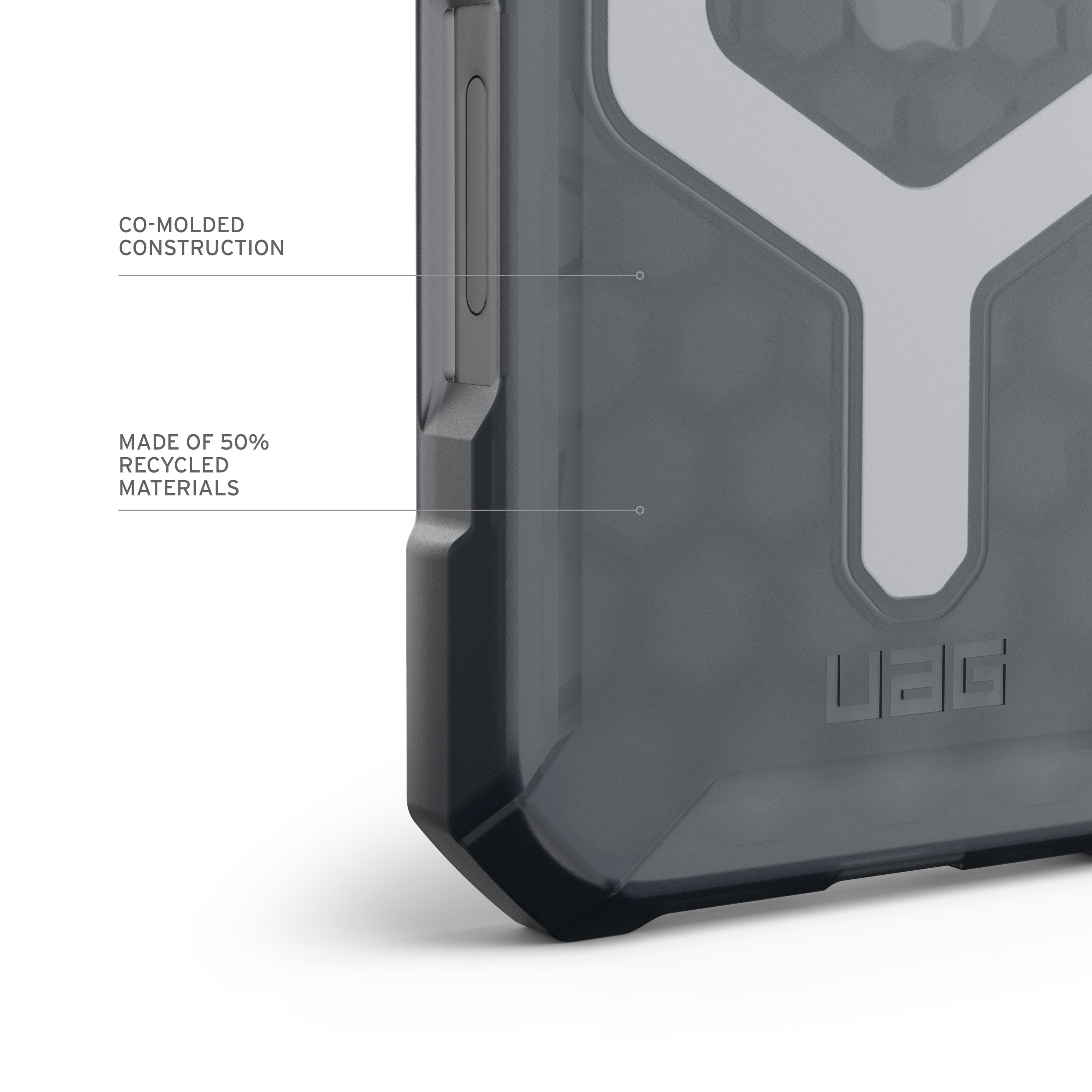The image features a close-up view of a cell phone case, which is made of 50% recycled materials. The case is co-molded and has a construction that is designed to protect the device. The case is made by UEG, and it is likely that the case is made of a durable material to ensure the safety of the cell phone.