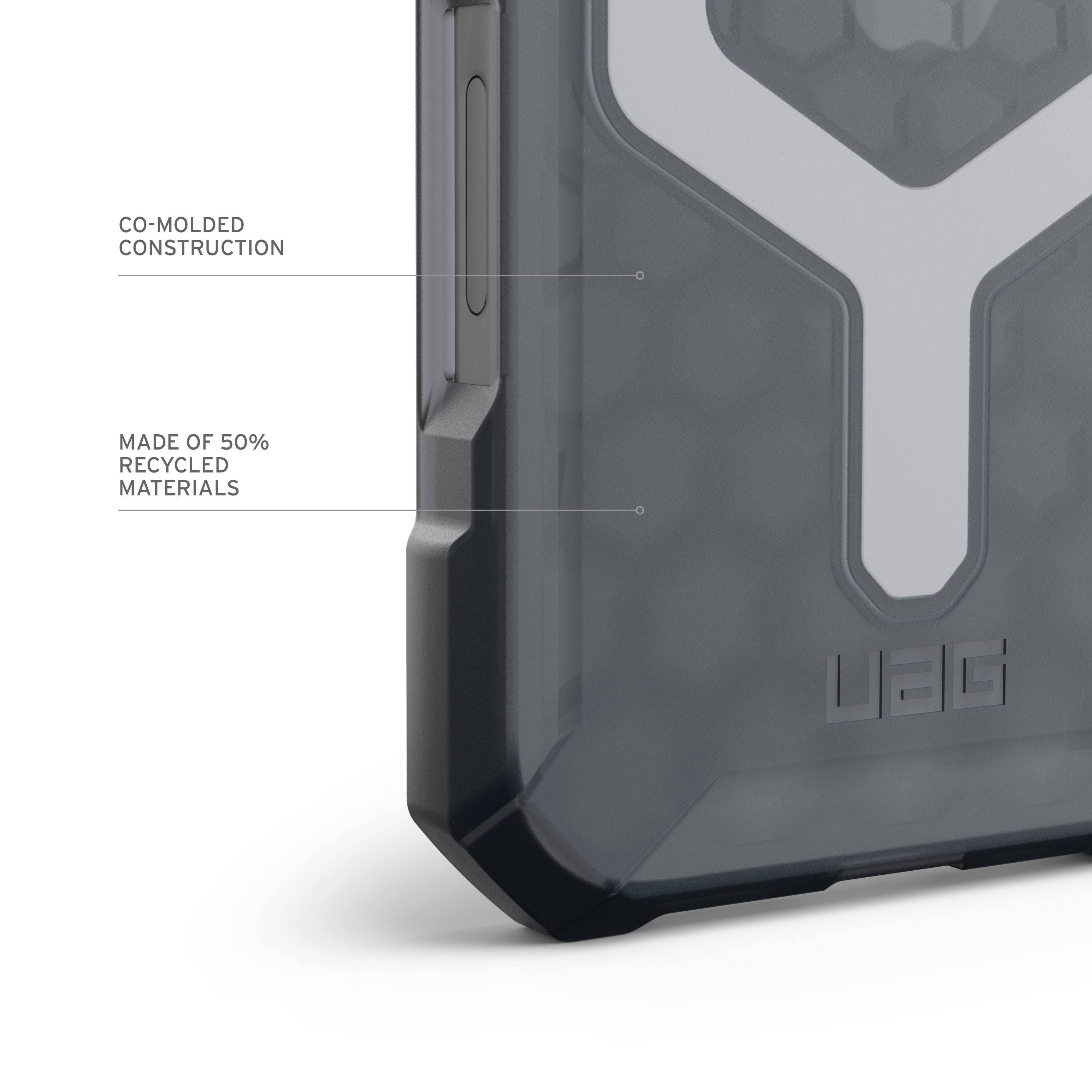 The image features a close-up view of a cell phone case, which is made of 50% recycled materials. The case is co-molded and has a construction that is designed to protect the device. The case is made by UEG, and it is likely that the case is made of a durable material to ensure the safety of the cell phone.