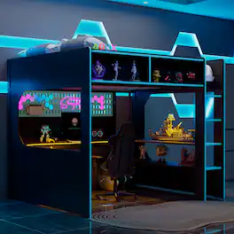 Whisen - Gaming Loft Bed with Desk, RGB LED Lights, Charging Station & Storage, Sturdy Wood Frame - Black|Blue