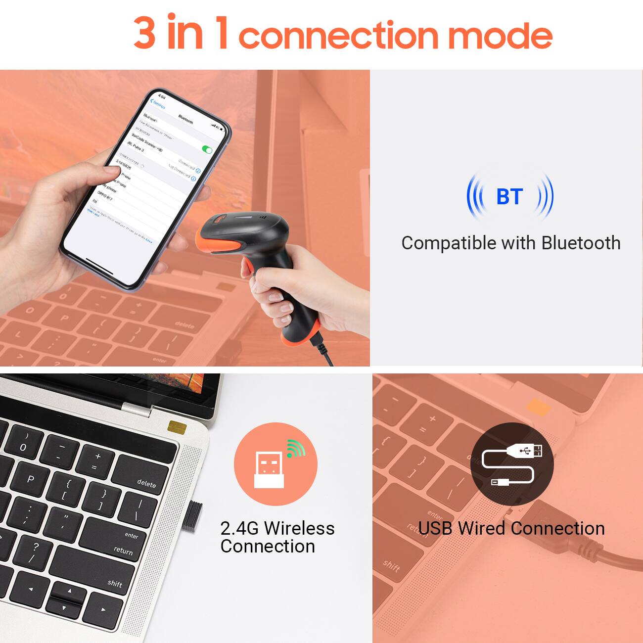 3 in 1 connection mode

- Compatible with Bluetooth
- 2.4G Wireless Connection
- USB Wired Connection