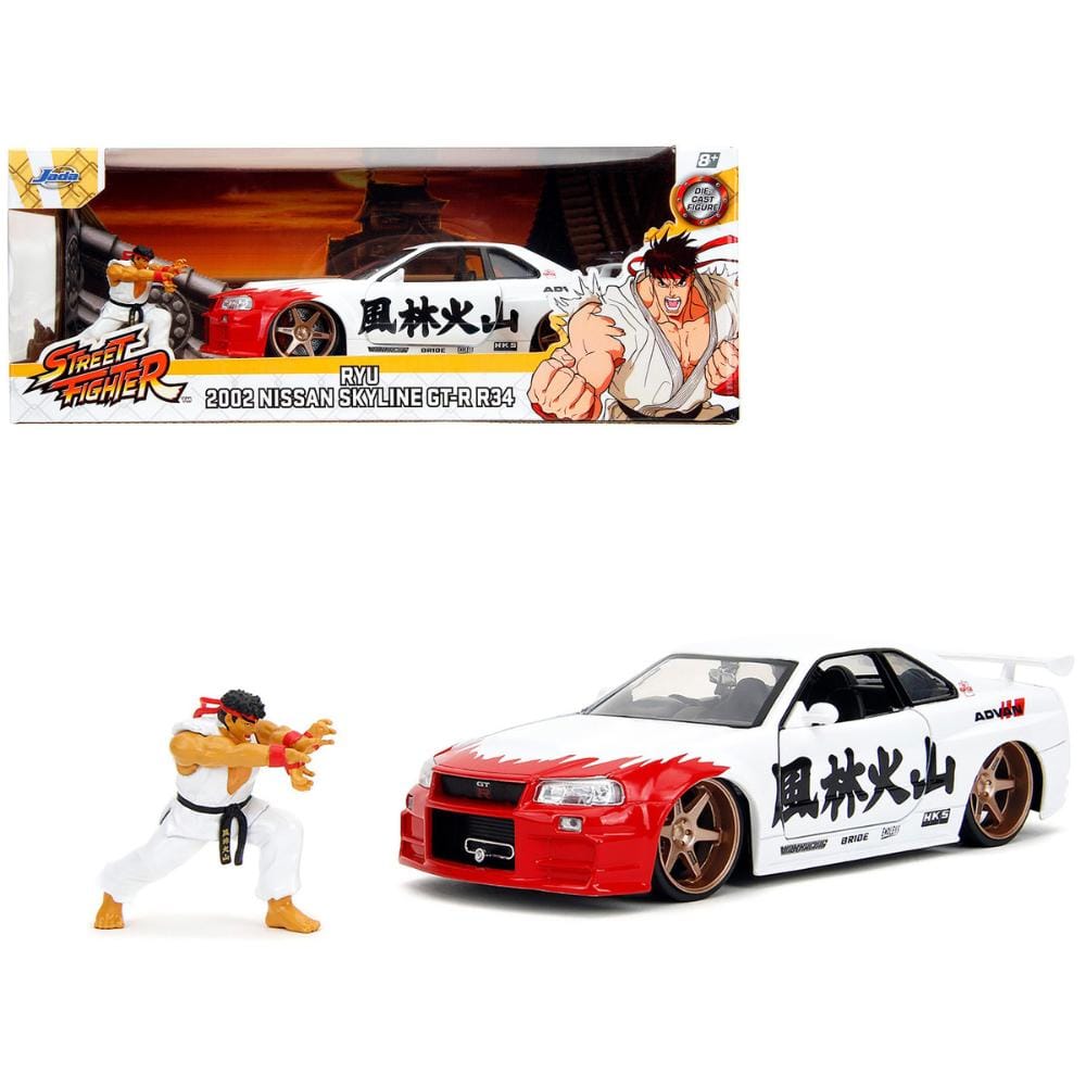Jada 2002 Nissan Skyline GT R R34 RHD White w/ Red Graphics & Ryu