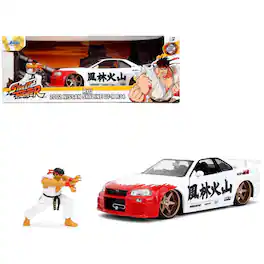 Jada - 2002 Nissan Skyline GT-R R34 RHD White w/ Red Graphics & Ryu Figure – Street Fighter Video Game Anime Rides 1/24 - White and Red