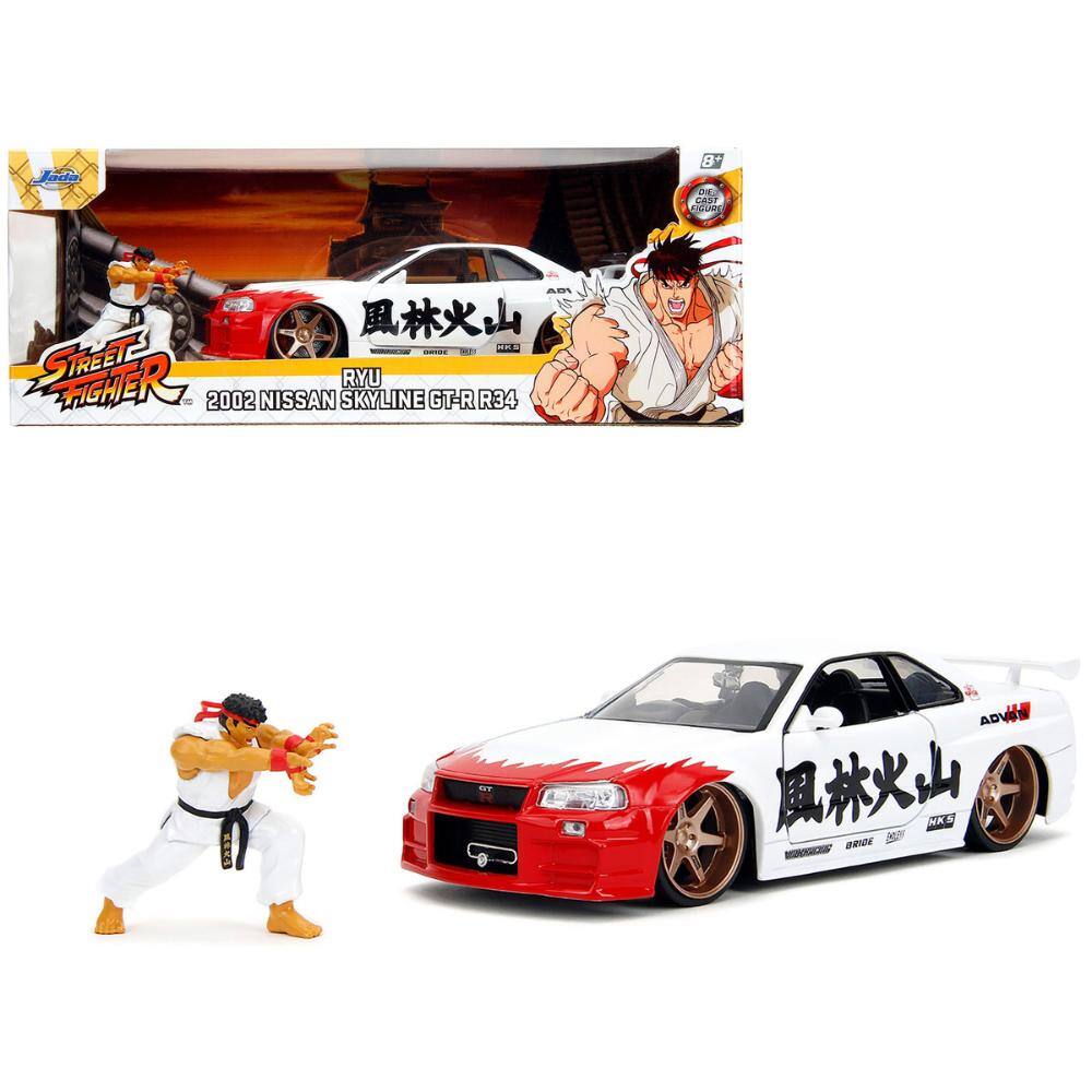 Jada - 2002 Nissan Skyline GT-R R34 RHD White w/ Red Graphics & Ryu Figure – Street Fighter Video Game Anime Rides 1/24 - White and Red