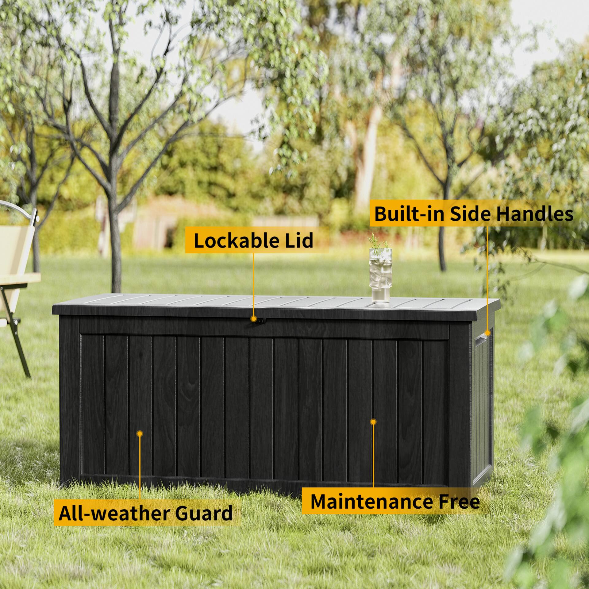 - Lockable Lid
- Built-in Side Handles
- All-weather Guard
- Maintenance Free