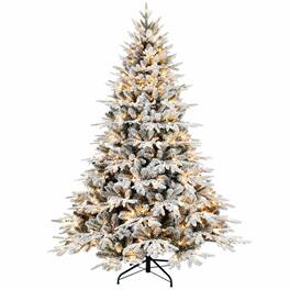 RYHNUYNE - 7.5 Ft Flocked Artificial Christmas Tree With 650 Warm Lights, 3135 Tips Snowy Hinged Foldable Metal Stand Decor - Green,White