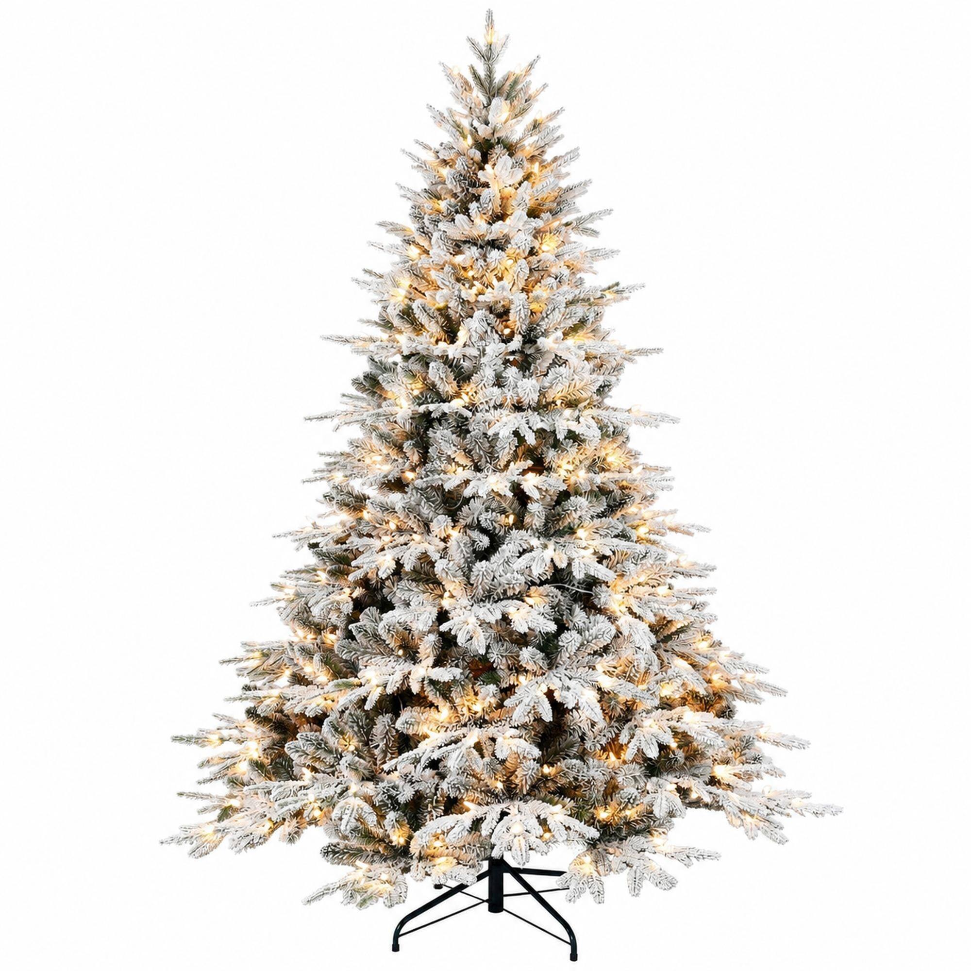 Front. RYHNUYNE - 7.5 Ft Flocked Artificial Christmas Tree With 650 Warm Lights, 3135 Tips Snowy Hinged Foldable Metal Stand Decor - Green,White.