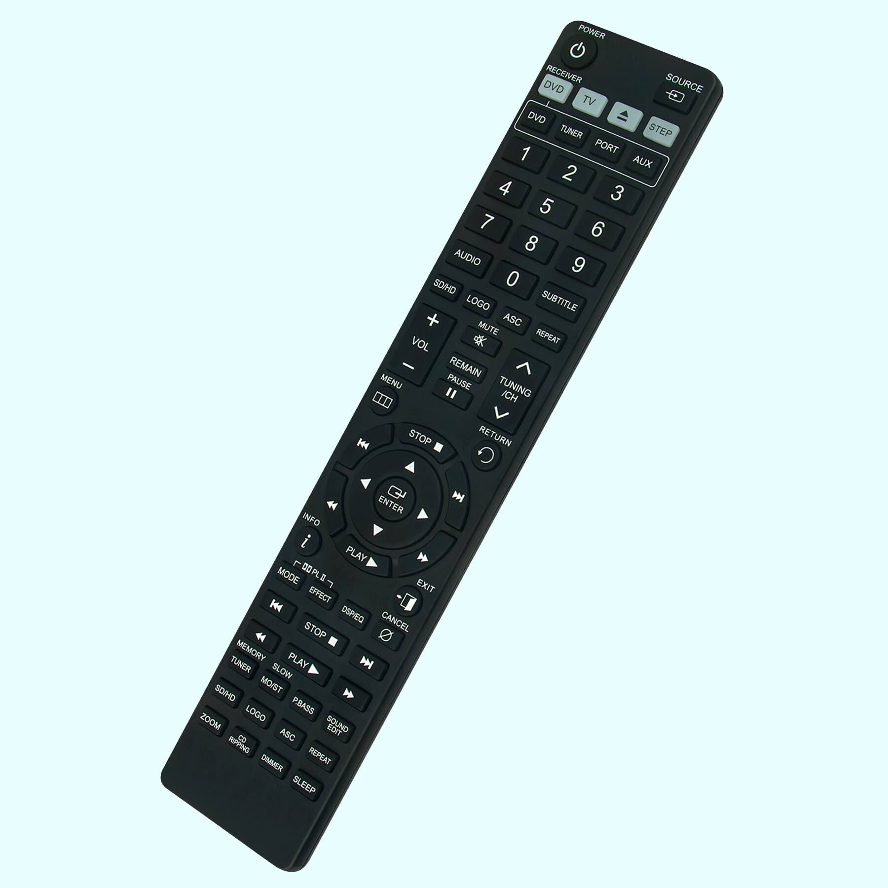 POWER RECEIVER SOURCE DVD TV DVD TUNER STEP 1 PORT AUX 2 4 3 5 7 6 8 AUDIO 9 SD/HD 0 LOGO SUBTITLE MUTE ASC VOL REPEAT REMAIN MENU PAUSE TUNING ... " ICH ie STOP RETURN G ENTER INFO i PLAY MODE 0OPLE EXIT EFFECT H DSREO CANCEL STOP MEMORY PLAY I TUNER GLOW SDIHD MO/IST LOGO PBASS MOOS SOUND EST B ASC RPFINO SMMER REPEAT SLEEP M