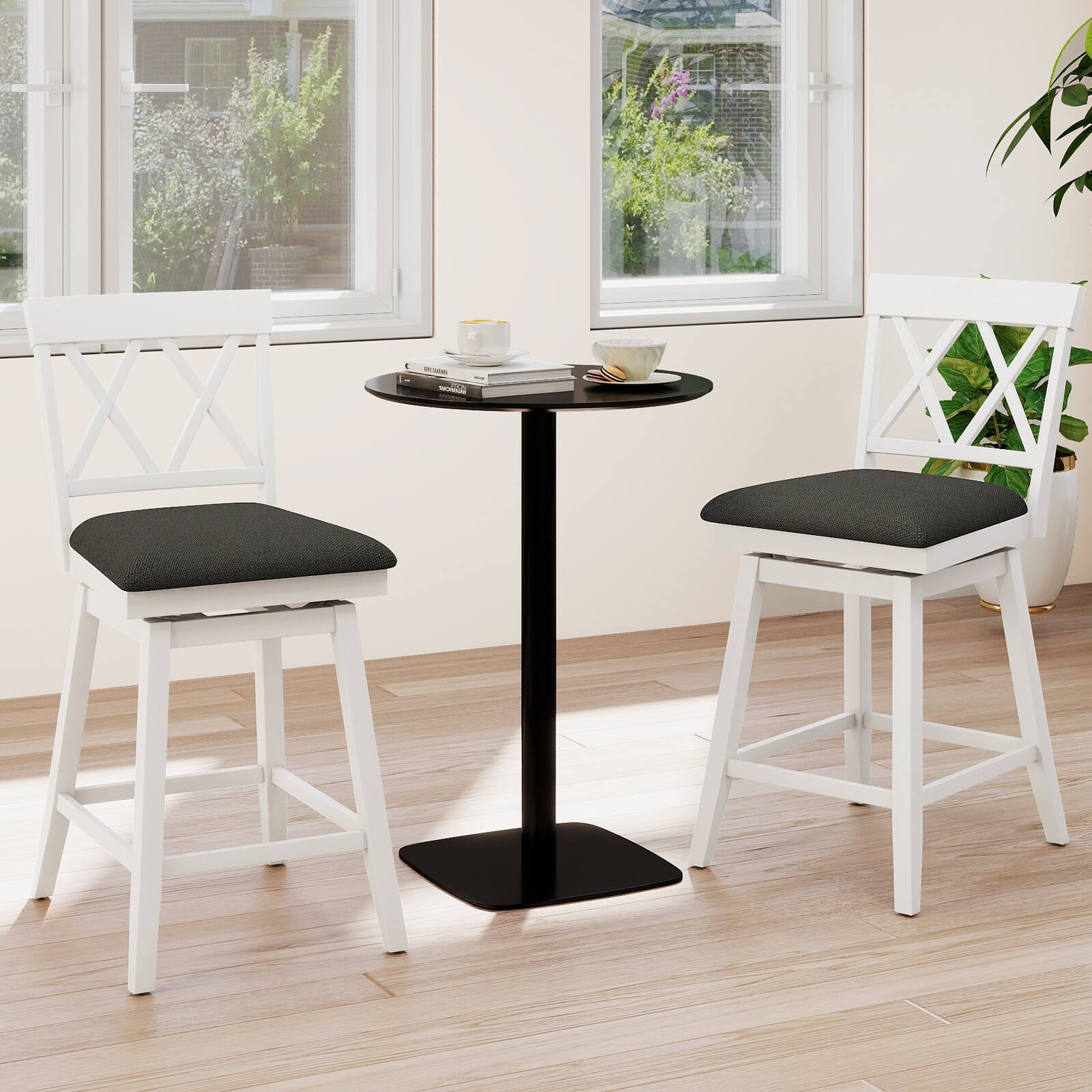 Alt View 7. Gymax - Gymax 24'' Bar Stool Wooden Chair Set of 4 w/Contoured Backrest Swivel Padded Seat White & Gray - White, Gray.