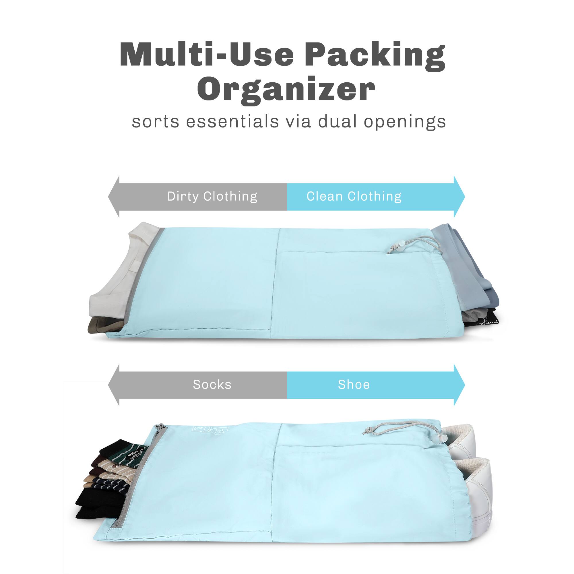 Multi-Use Packing Organizer sorts essentials via dual openings

Dirty Clothing
Clean Clothing
Socks
Shoe