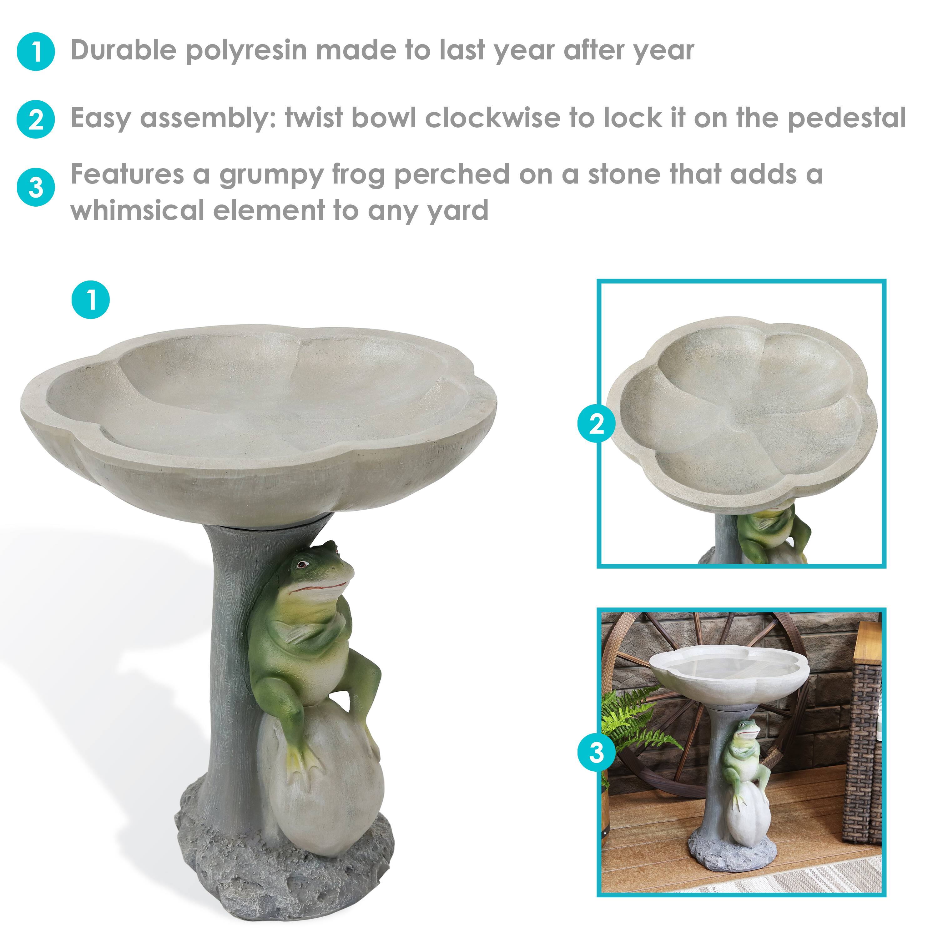 1. Durable polyresin made to last year after year

2. Easy assembly: twist bowl clockwise to lock it on the pedestal

3. Features a grumpy frog perched on a stone that adds a whimsical element to any yard