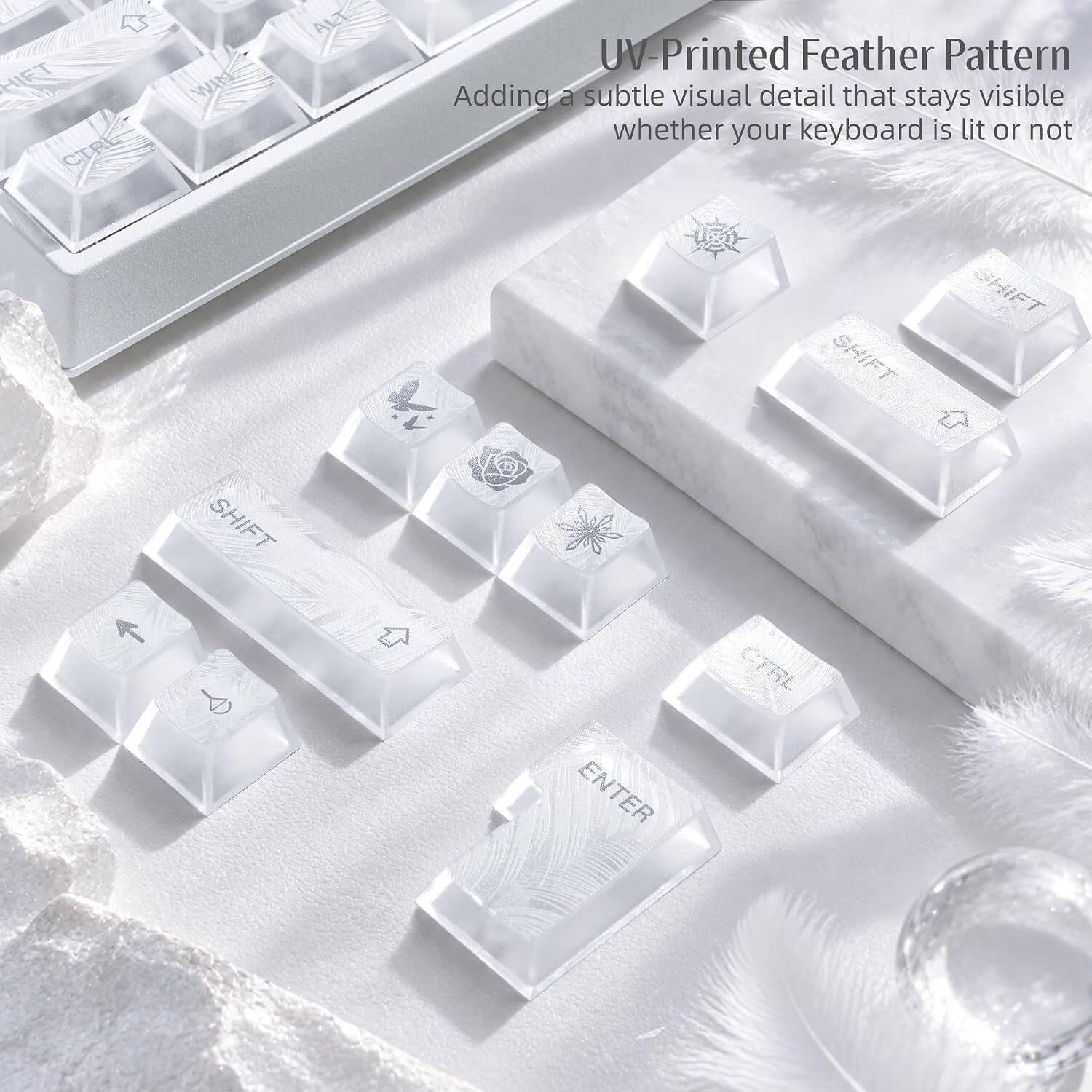UV-Printed Feather Pattern  
Adding a subtle visual detail that stays visible whether your keyboard is lit or not