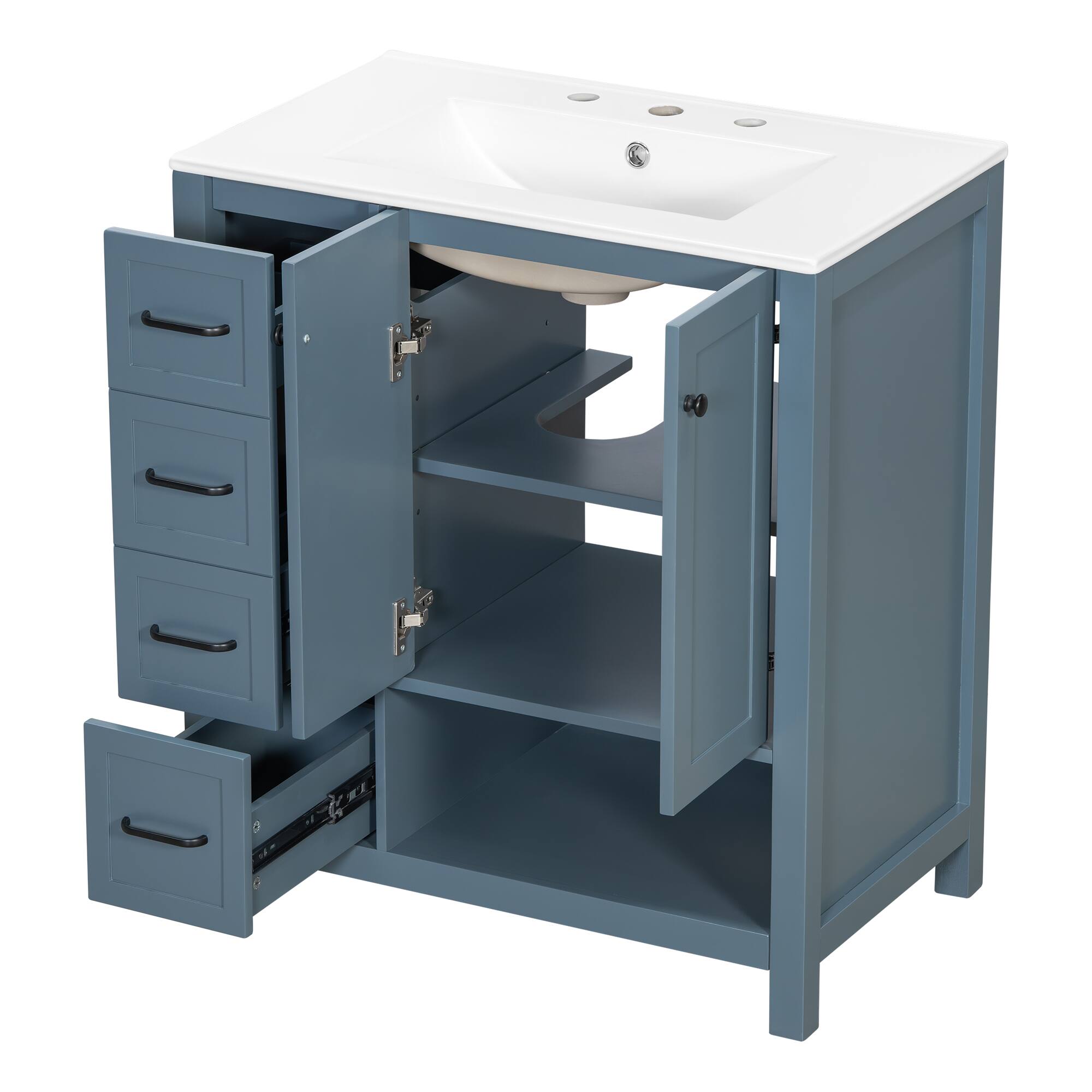 Left. Whisen - 30" Freestanding Bathroom Vanity with Sink, Two Doors and Open Shelf for Home - Blue.