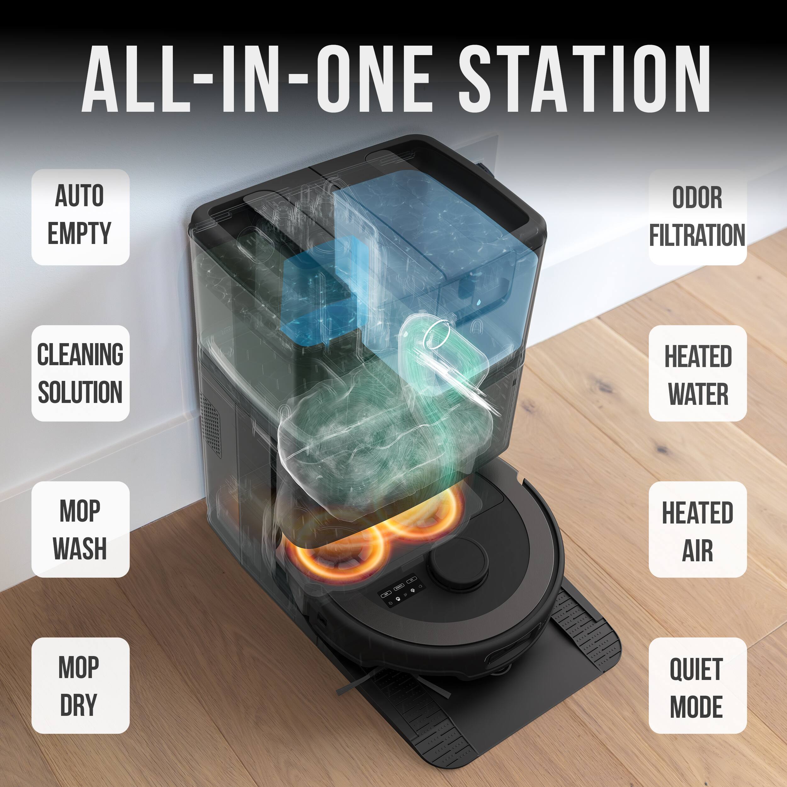ALL-IN-ONE STATION

- AUTO EMPTY
- ODOR FILTRATION
- CLEANING SOLUTION
- HEATED WATER
- MOP WASH
- HEATED AIR
- MOP DRY
- QUIET MODE