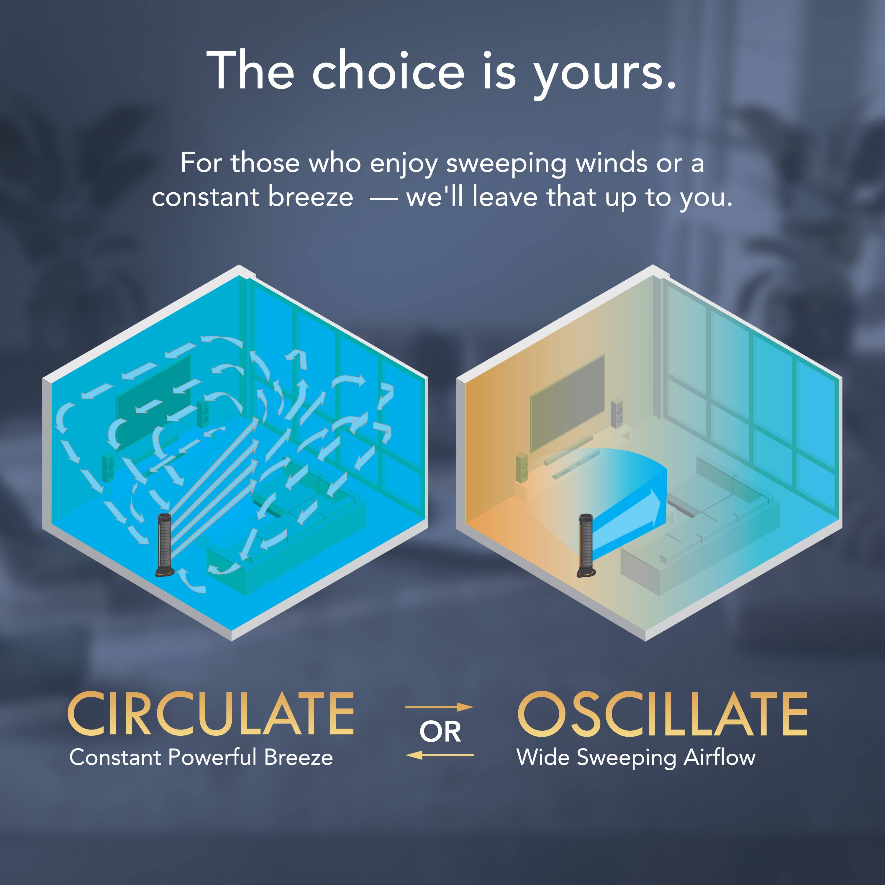 The choice is yours. For those who enjoy sweeping winds or a constant breeze - we'll leave that up to you. CIRCULATE OR OSCILLATE: Constant Powerful Breeze Wide Sweeping Airflow.