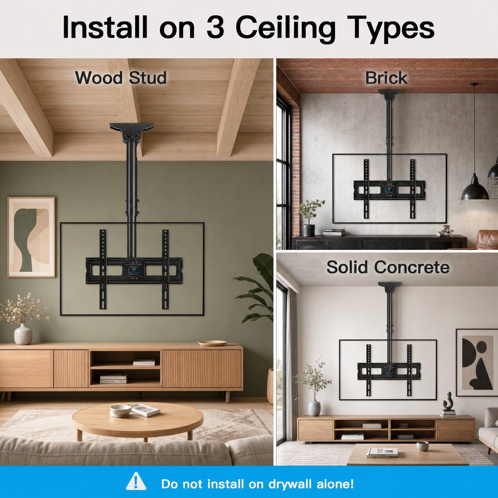Install on 3 Ceiling Types

Wood Stud

Brick

Solid Concrete

Do not install on drywall alone!