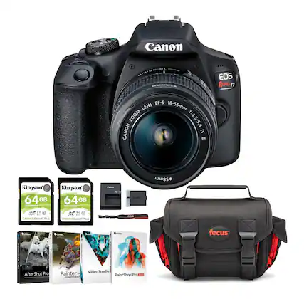 Canon EOS Rebel T7
EF-S 18-55mm f/3.5-5.6 IS STM
Kingston 64GB SDHC Class 10
CANVAS Select Plus
Kingston 64GB SDHC Class 10
CANVAS Select Plus
Canon LP-E17 Battery
focus Camera Bag
Corel AfterShot Pro
Corel Painter Essentials
Corel VideoStudio
Corel PaintShop Pro 2017