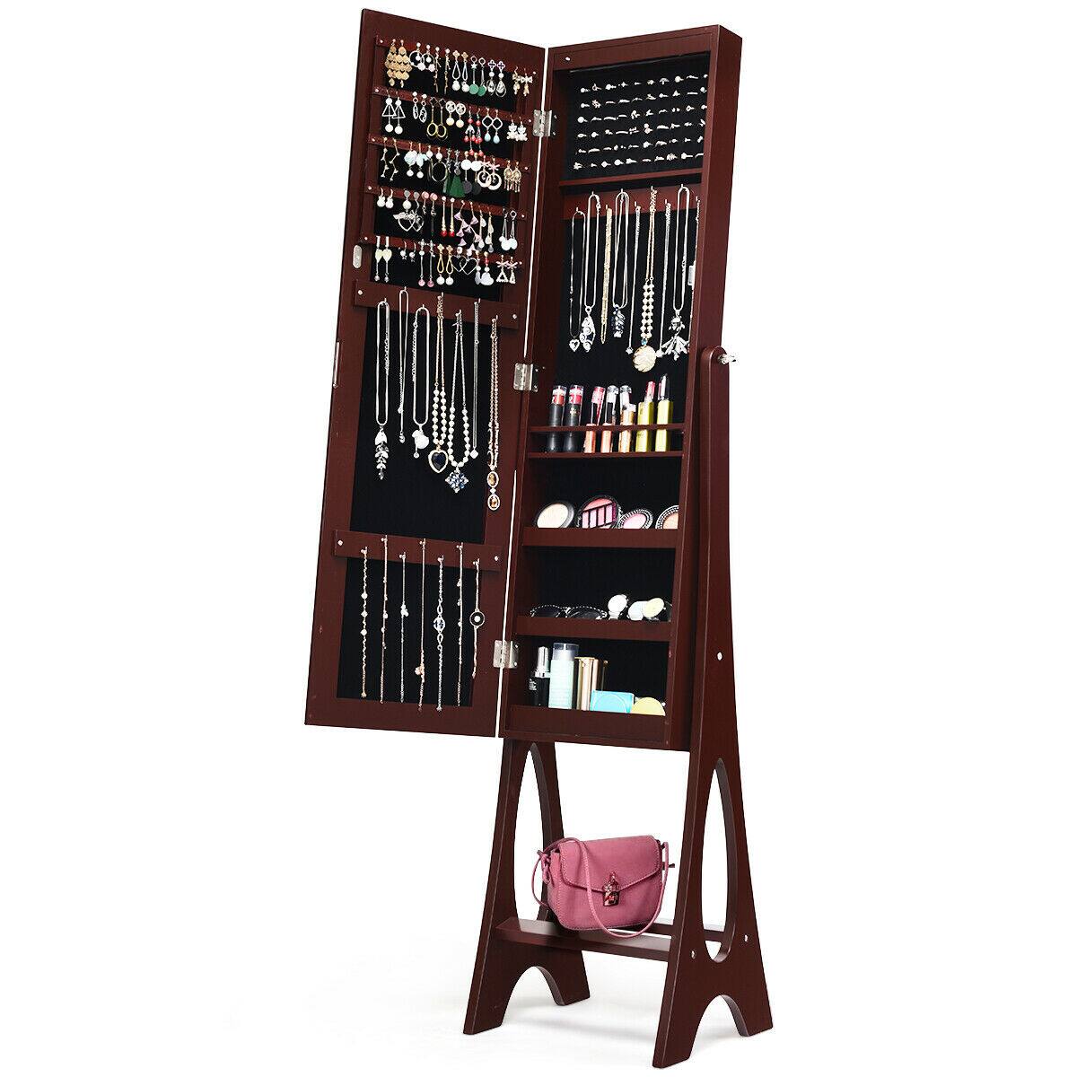 Alt View 19. Costway - LED Jewelry Cabinet Organizer Bevel Edge Mirrored Standing Brown - Reddish Brown.