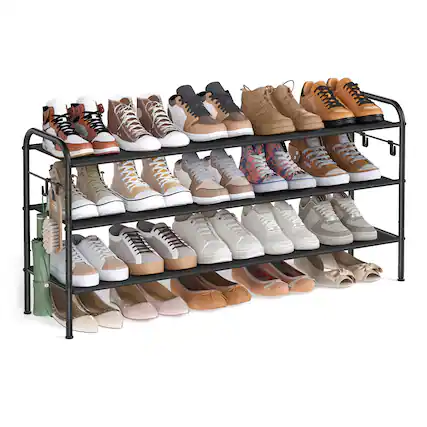 Front. Songmics Home - Shoe Rack, 3 Tier Shoe Organizer, Fabric Shoe Shelf Storage with 4 Hooks, Holds up to 18 Pairs of Shoes - Ink Black.