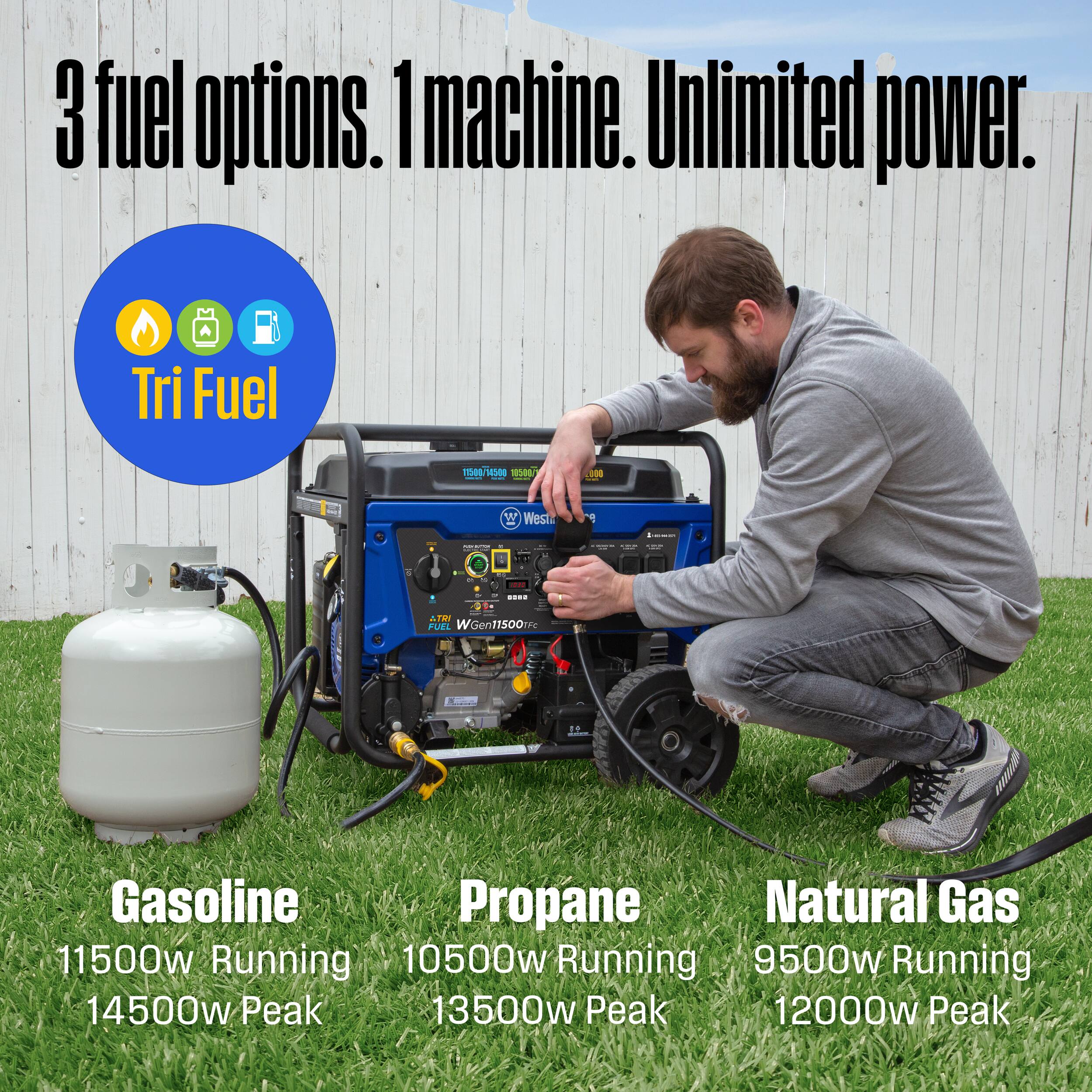 3 fuel options. 1 machine. Unlimited power.

Tri Fuel

Gasoline
11500w Running
14500w Peak

Propane
10500w Running
13500w Peak

Natural Gas
9500w Running
12000w Peak