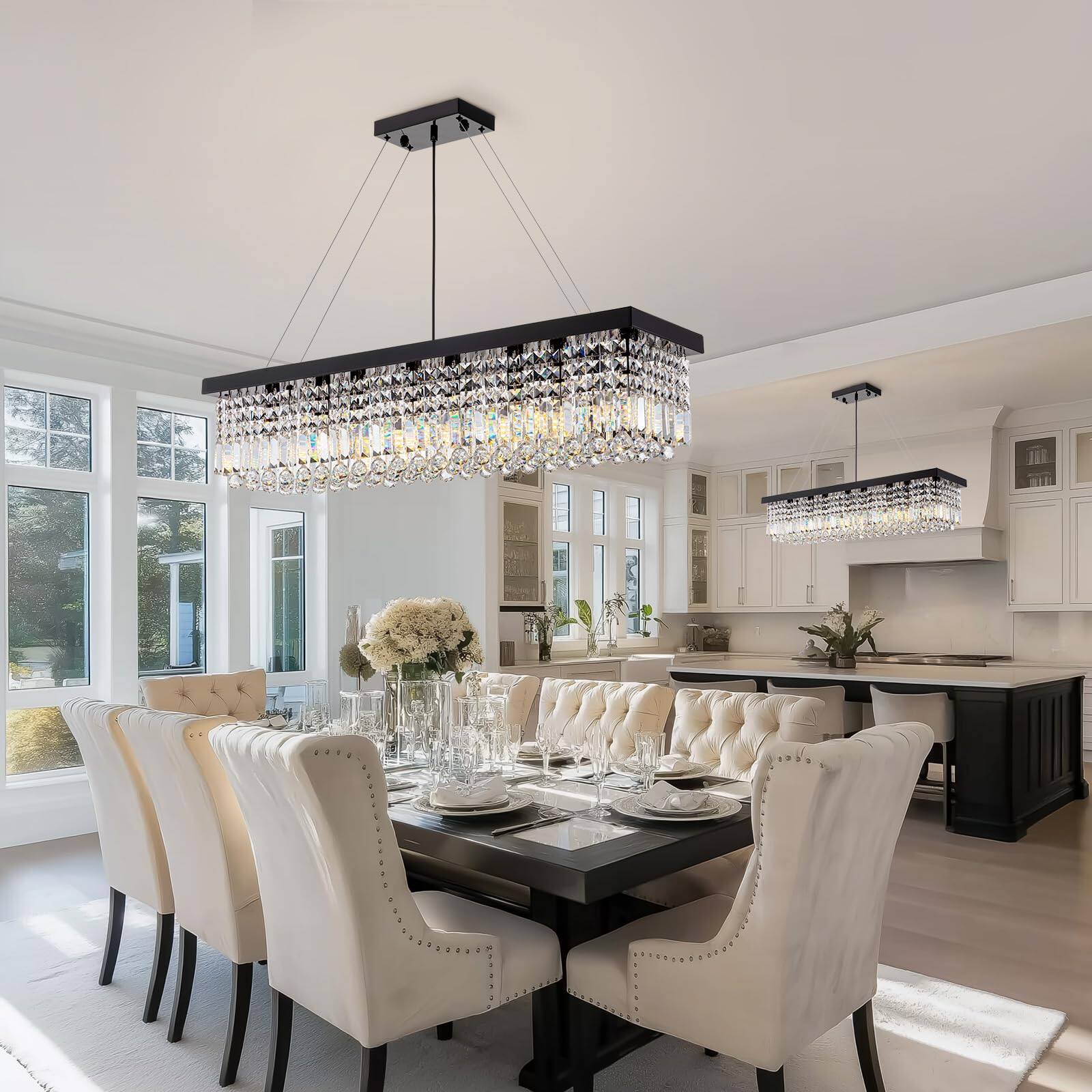 Left. Siljoy - 39.4" 8-Light Black Rectangular K9 Crystal Pendant, Adjustable Kitchen Island Chandelier for Dining Entryway - Black.