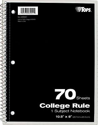 850 43021 1 TOPS  
hevis +65001 e201d TOPS Ouge LA 50451 Mace i USA  
70 Sheets College Rule 1 Subject Notebook 10.5" x 8" (26.7cm x 20.3cm)  

Tops  
Item #650091  
02013 70010 College 150461  
Made in USA