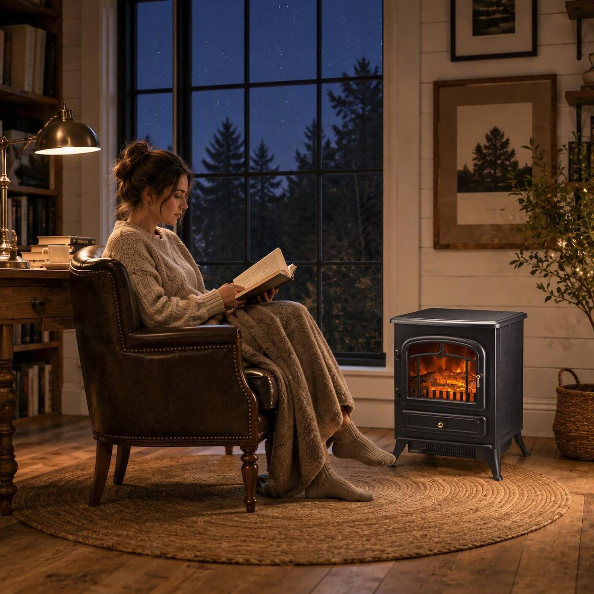 Left. RYHNUYNE - 22-Inch Freestanding Electric Fireplace Heater with Realistic LED Flame & Log Set, 750/1500W Adjustable Heat - Black.