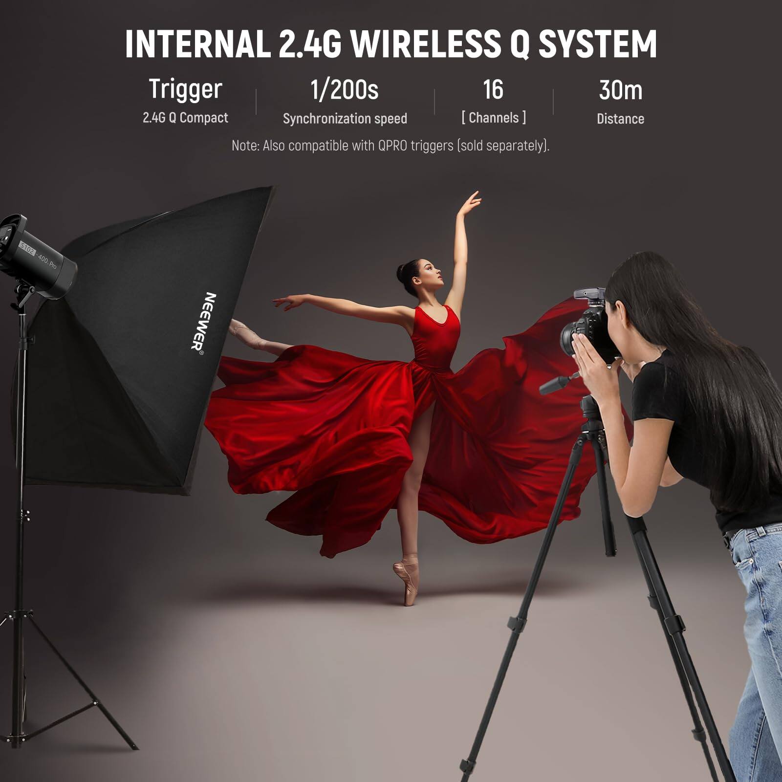 INTERNAL 2.4G WIRELESS Q SYSTEM

Trigger  
2.4G Q Compact

1/200s  
Synchronization speed

16  
[Channels]

30m  
Distance

Note: Also compatible with QPRO triggers (sold separately).