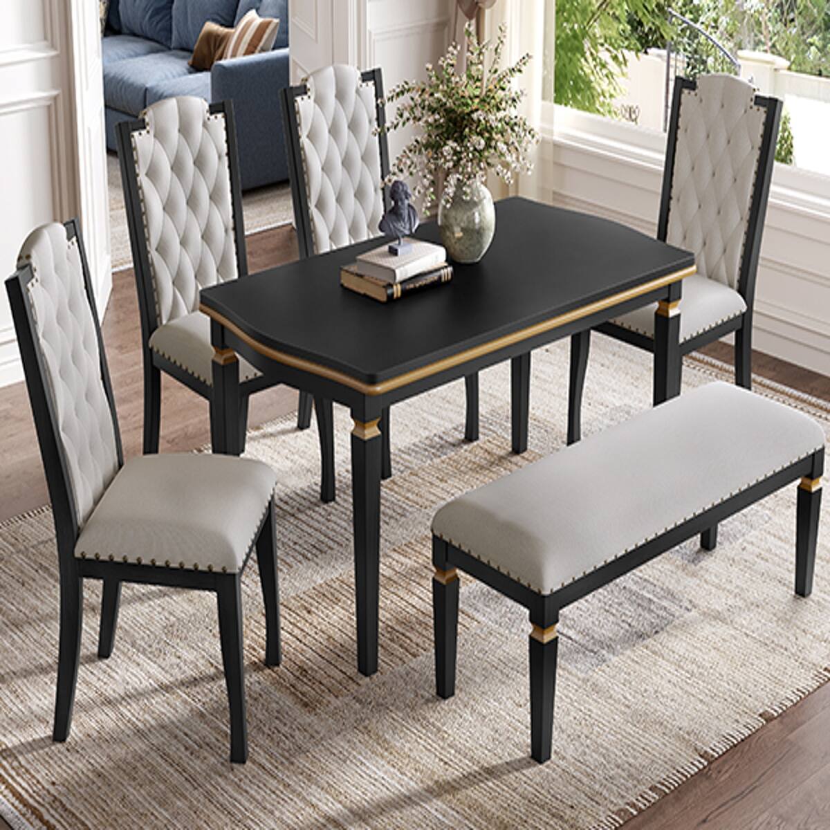Alt View 1. Loheer - Loheer 6 Piece Dining Table Set with Bench, 60 Inch Rectangular Table and Upholstered Chairs, Black - Black.