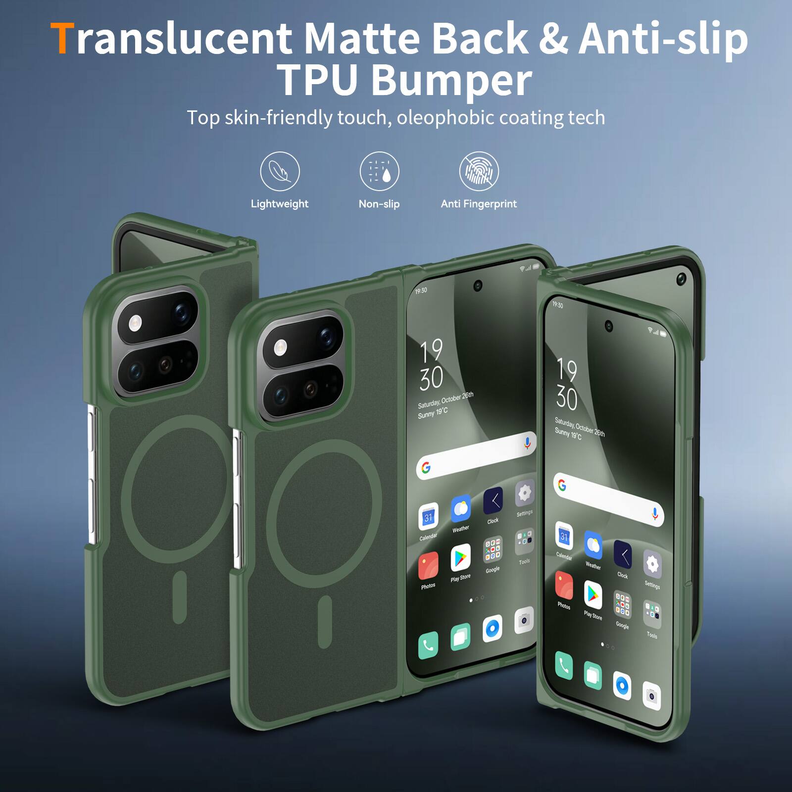 Translucent Matte Back & Anti-slip TPU Bumper  
Top skin-friendly touch, oleophobic coating tech

Lightweight  
Non-slip  
Anti Fingerprint

19 30 October 26th Saturday, 19C Sunny  
19 30 Saturday, October Sunny 18C 26th  
31 Weather Calendar Play Store Photos  
Clock BOD ... Gangle :  
Settings Tapls  
Calende Westher Cluck Settings BBC Photos NOX Party Store Google Todo