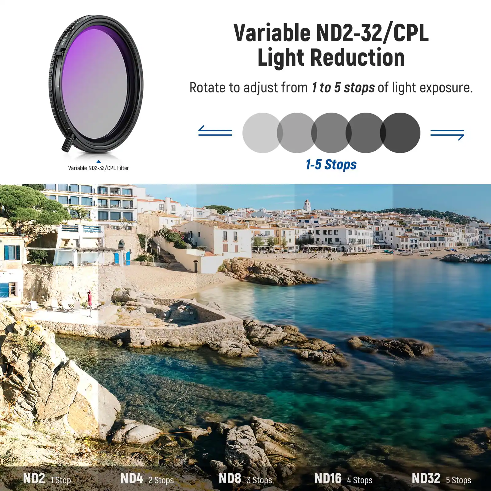Variable ND2-32/CPL Light Reduction  
Rotate to adjust from 1 to 5 stops of light exposure.  

Variable N02-32/CPL Filter  
1-5 Stops  
ND2 1 Stop  
ND4 2 Stops  
ND8 3 Stops  
ND16 4 Stops  
ND32 5 Stops