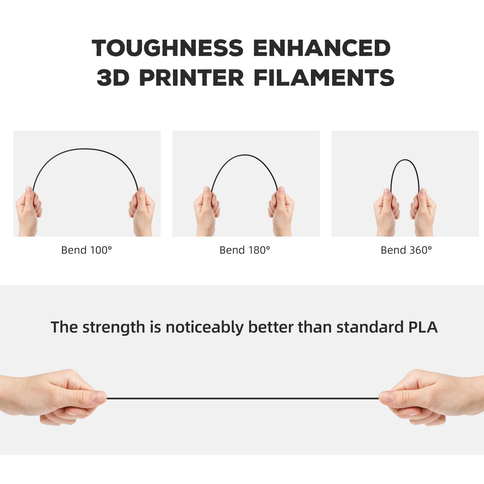 TOUGHNESS ENHANCED 3D PRINTER FILAMENTS

Bend 100°  
Bend 180°  
Bend 360°

The strength is noticeably better than standard PLA
