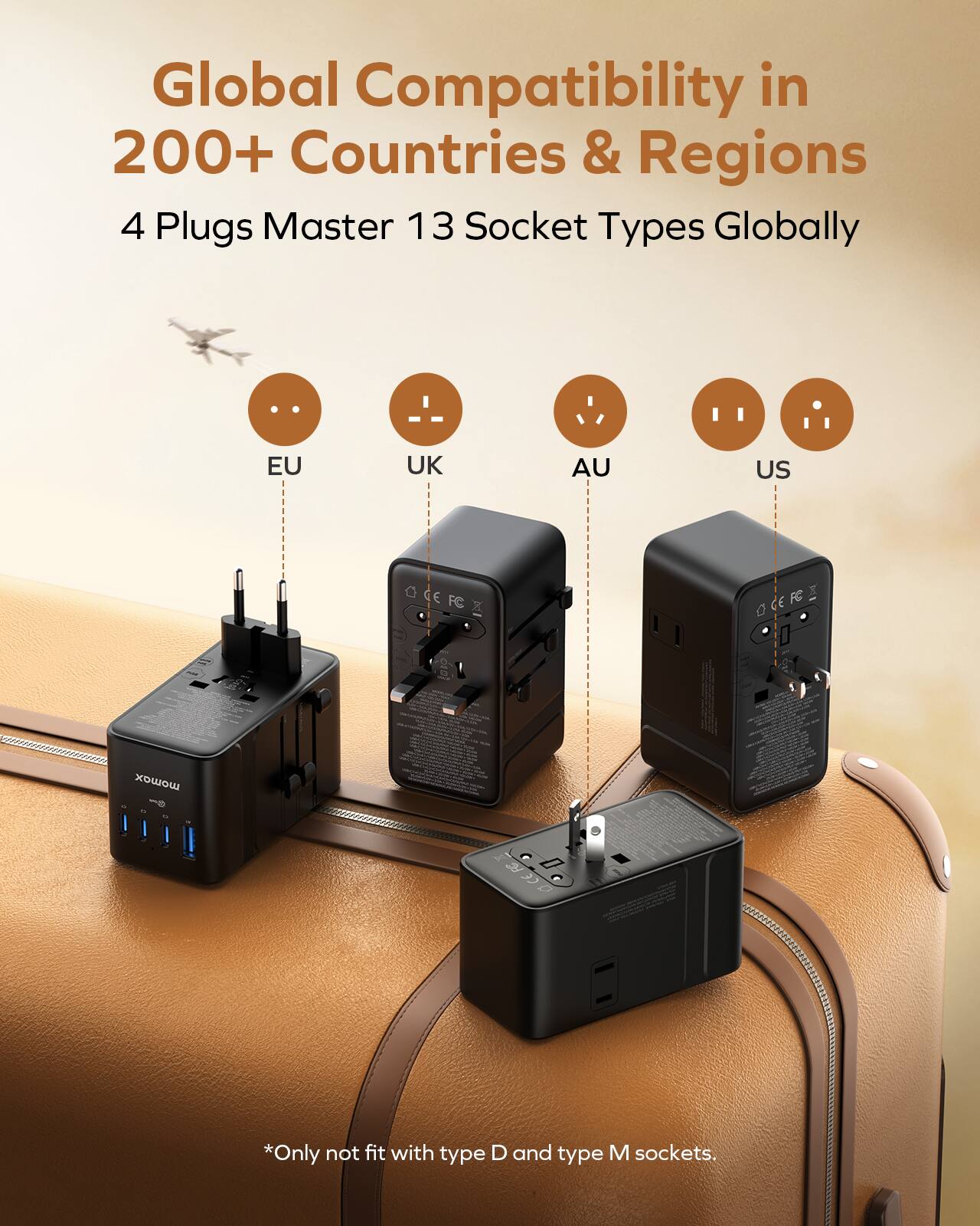 Global Compatibility in 200+ Countries & Regions  
4 Plugs Master 13 Socket Types Globally  
EU UK AU US  
*Only not fit with type D and type M sockets.