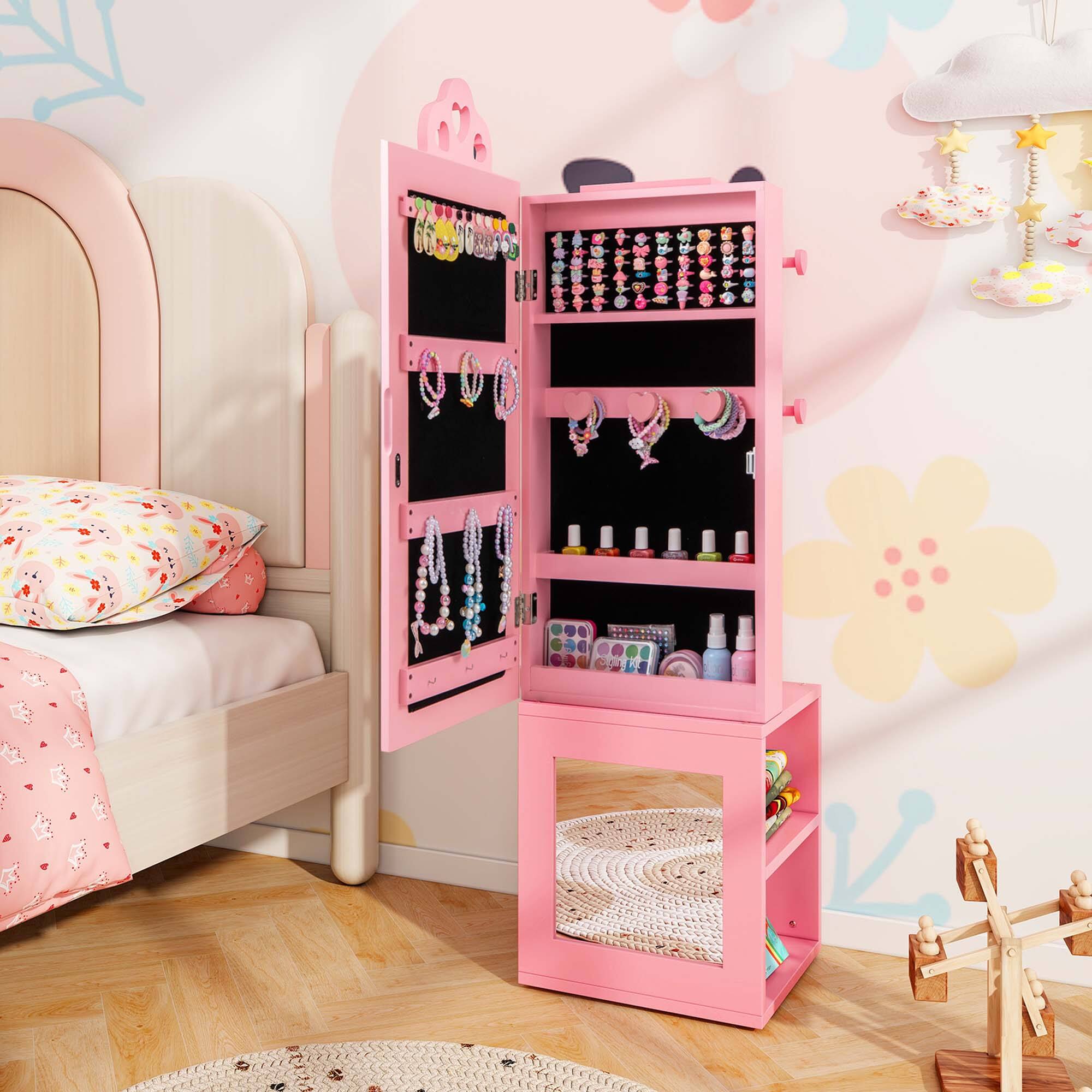 Alt View 3. Costway - Costway Kids Jewelry Cabinet Standing Children Jewelry Organizer with Full-Length Mirror - Pink.