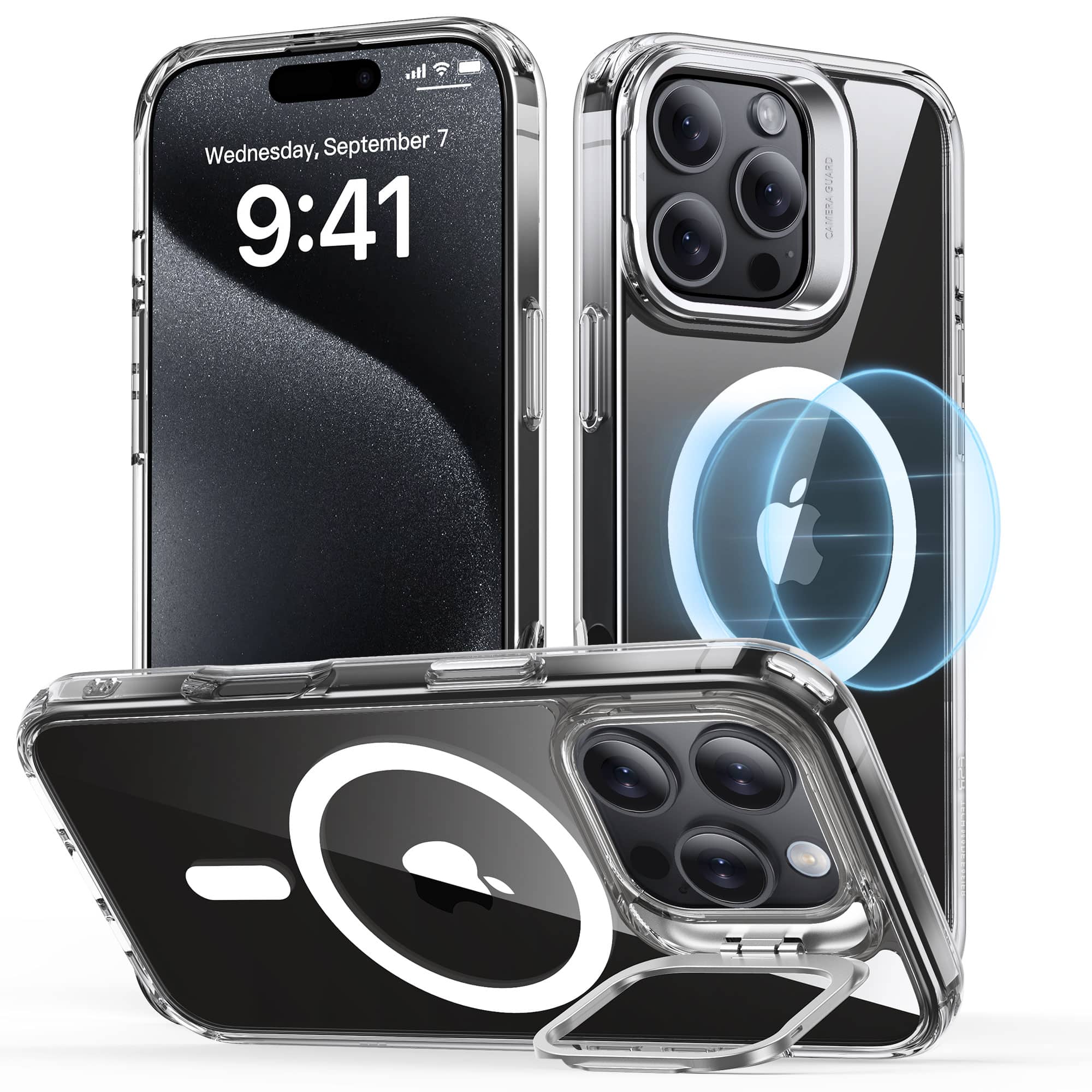 The image shows a cell phone with a camera guard on it. The phone is open, revealing the camera guard. The time displayed on the phone is 9:41.