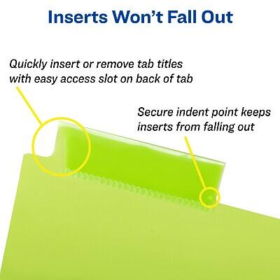 Inserts Won't Fall Out

Quickly insert or remove tab titles with easy access slot on back of tab

Secure indent point keeps inserts from falling out